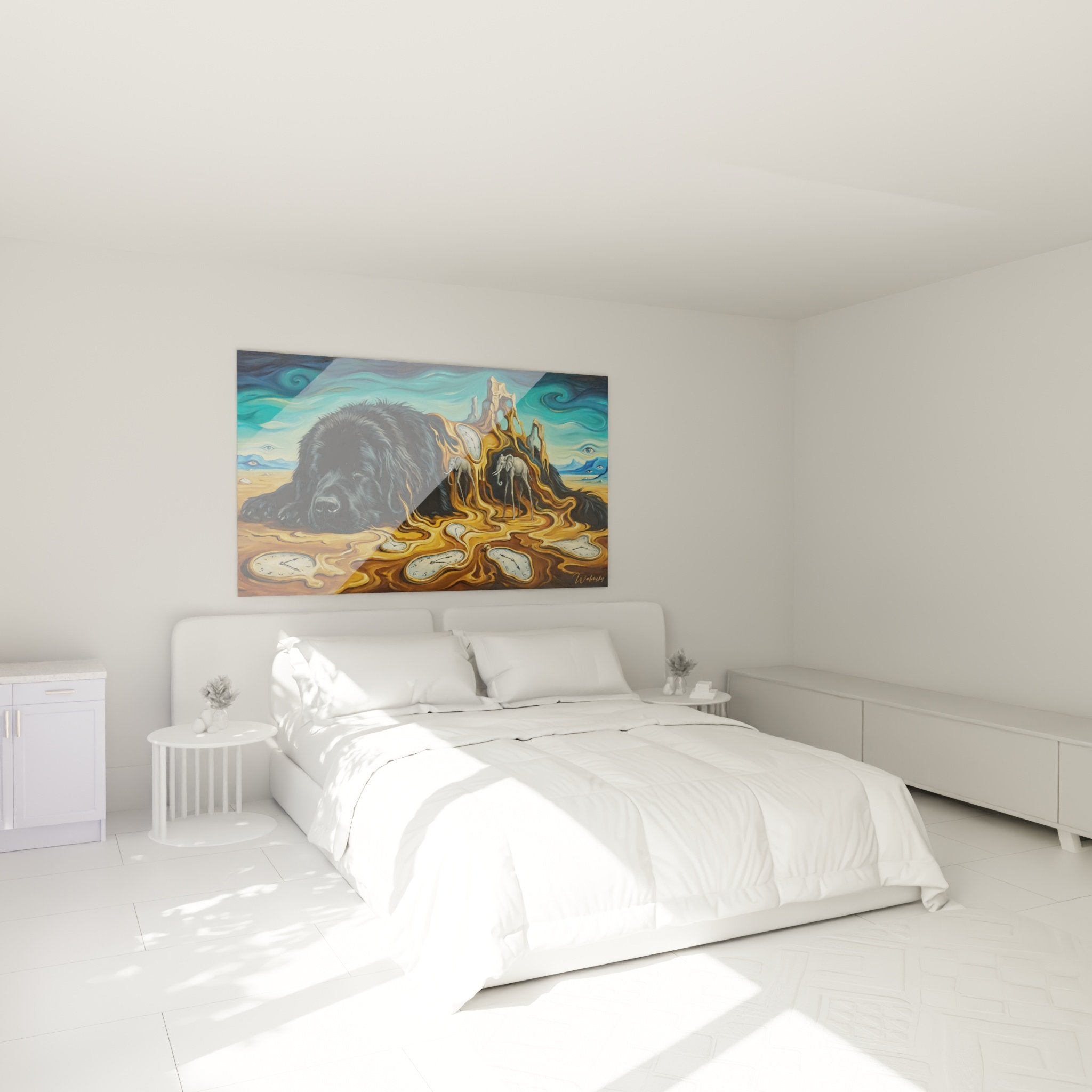 Décoration chambre avec tableau Terre Neuve onirique aux horloges molles, ambiance zen et contemplative