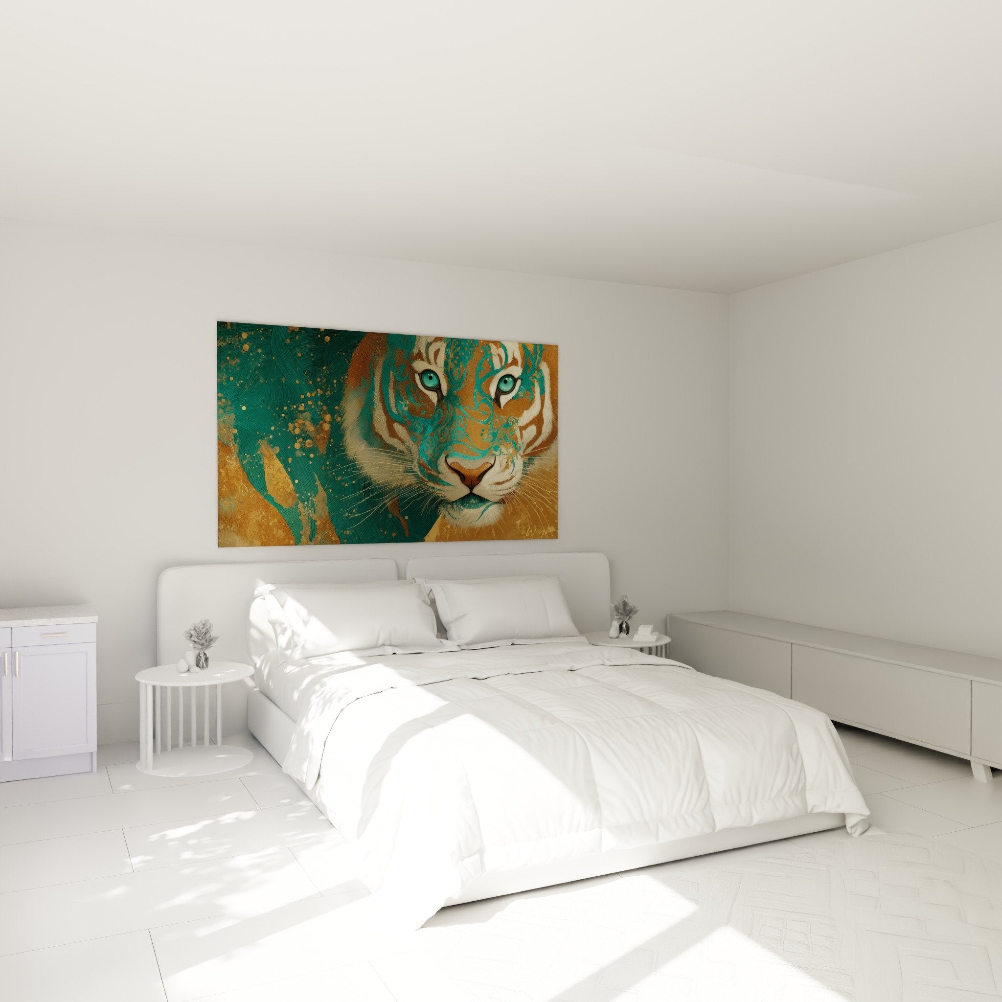 Decoration chambre tableau tigre abstrait teal bronze yeux turquoise ambiance moderne zen
