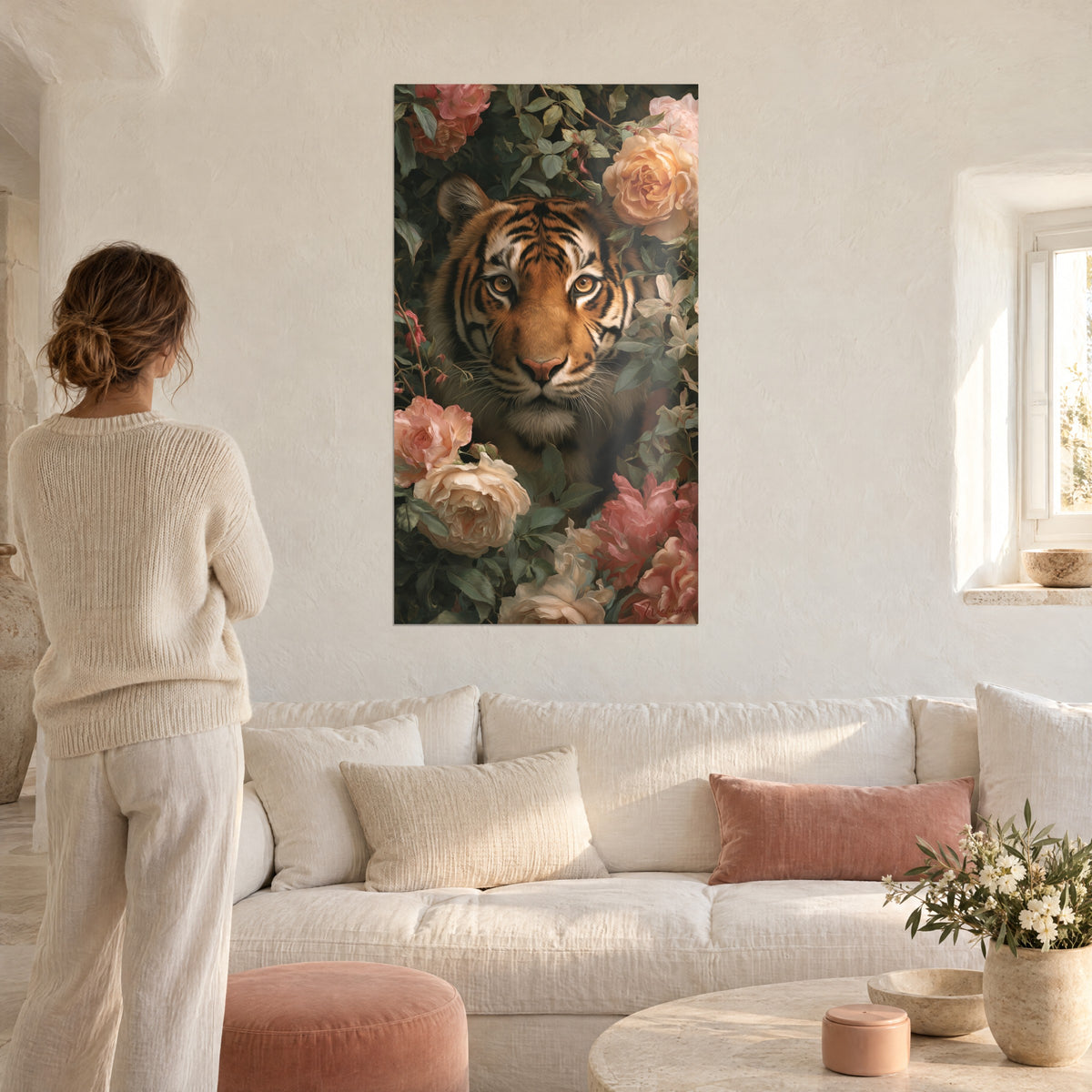 Cuadro tigre rayado de ojos ámbar entre rosas melocotón y verde oscuro, mujer de espaldas, encima de un sofá en un salón luminoso