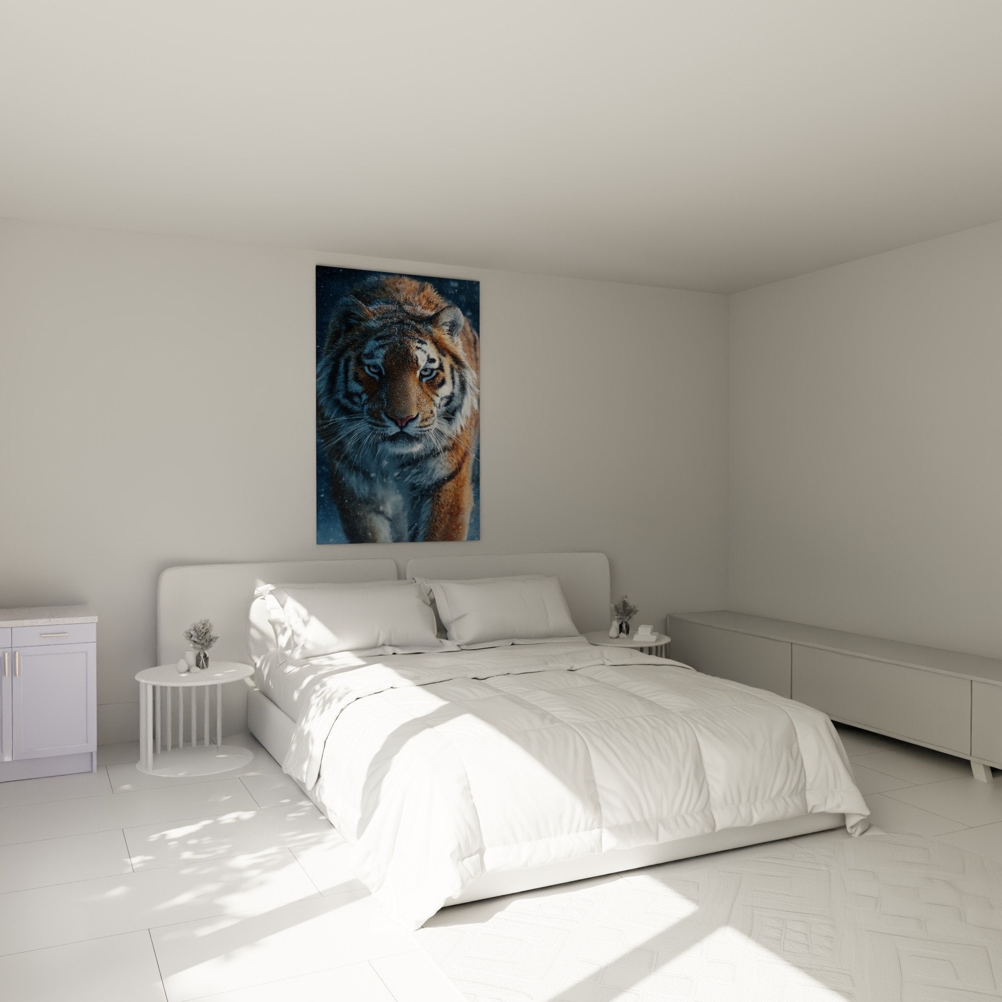 Decoration chambre tableau tigre hivernal yeux bleus ambiance sereine mur gris mobilier bois