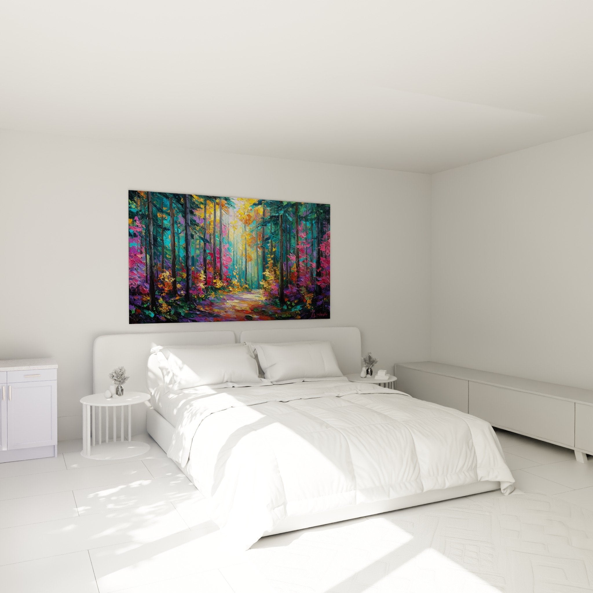 Bedroom decoration with purple forest canvas, zen and soothing atmosphere with autumn colors