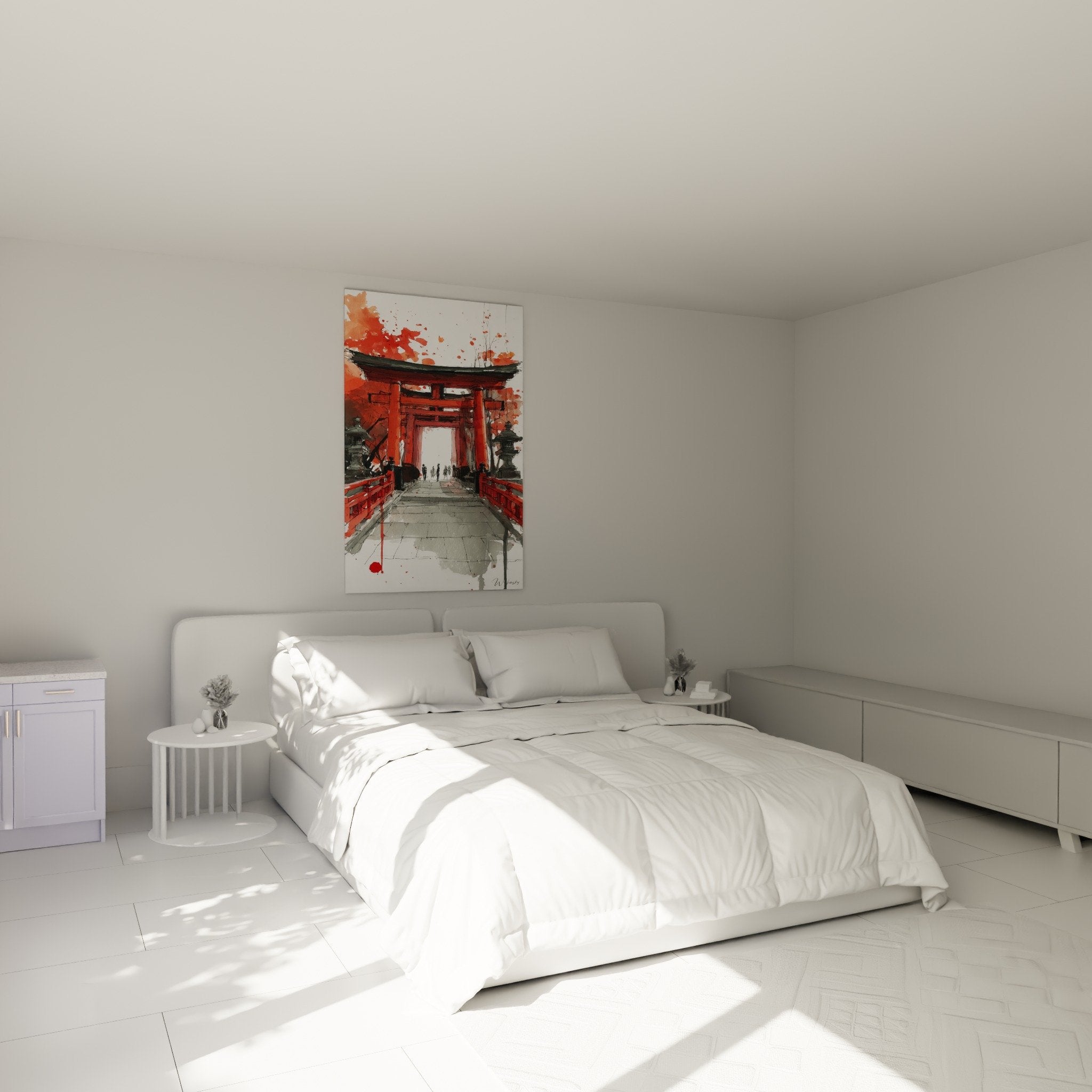 Red watercolor torii gate wall decoration in modern zen Japanese style bedroom
