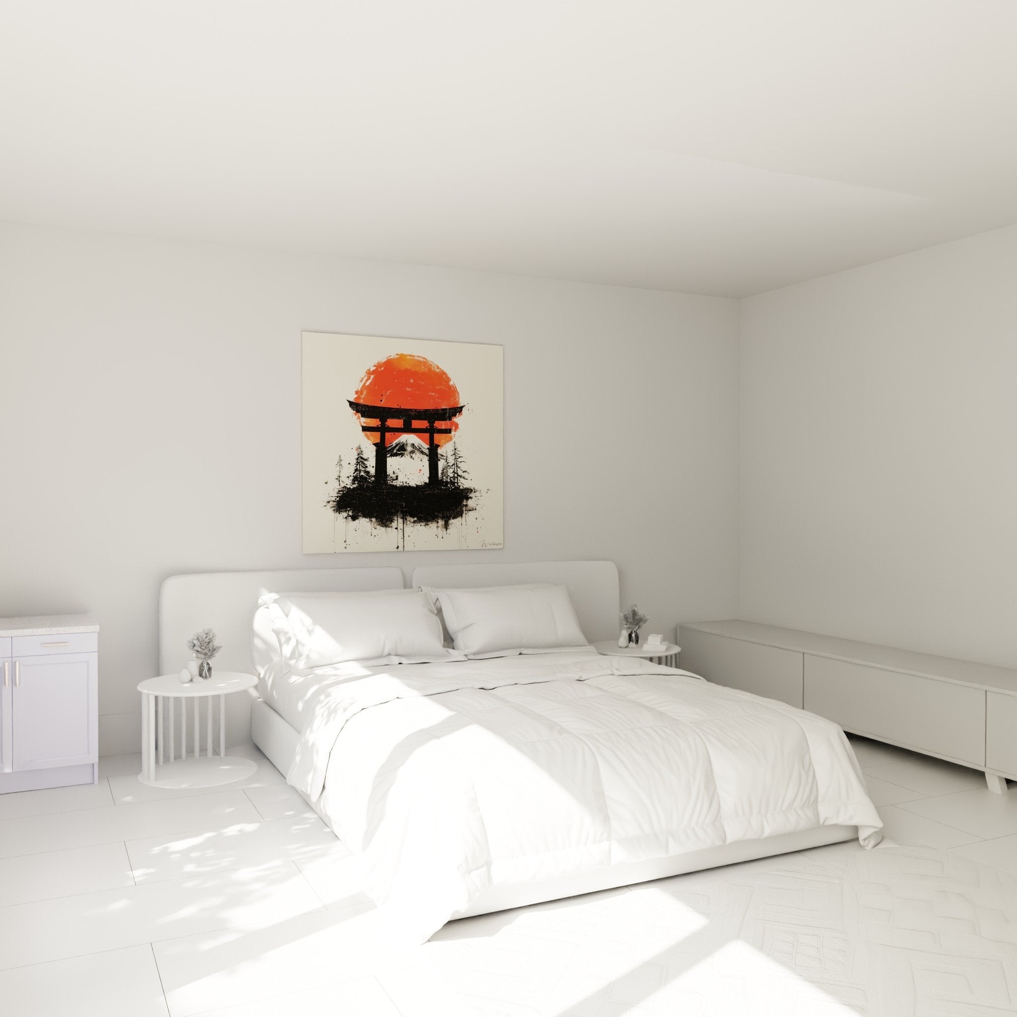 Decoration murale torii soleil rouge dans chambre moderne, ambiance zen et spirituelle japonaise