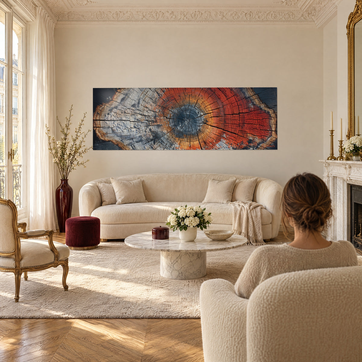 Quadro sezione di tronco d'albero con anelli arancioni e grigi, una donna di spalle sopra un divano in un soggiorno luminoso