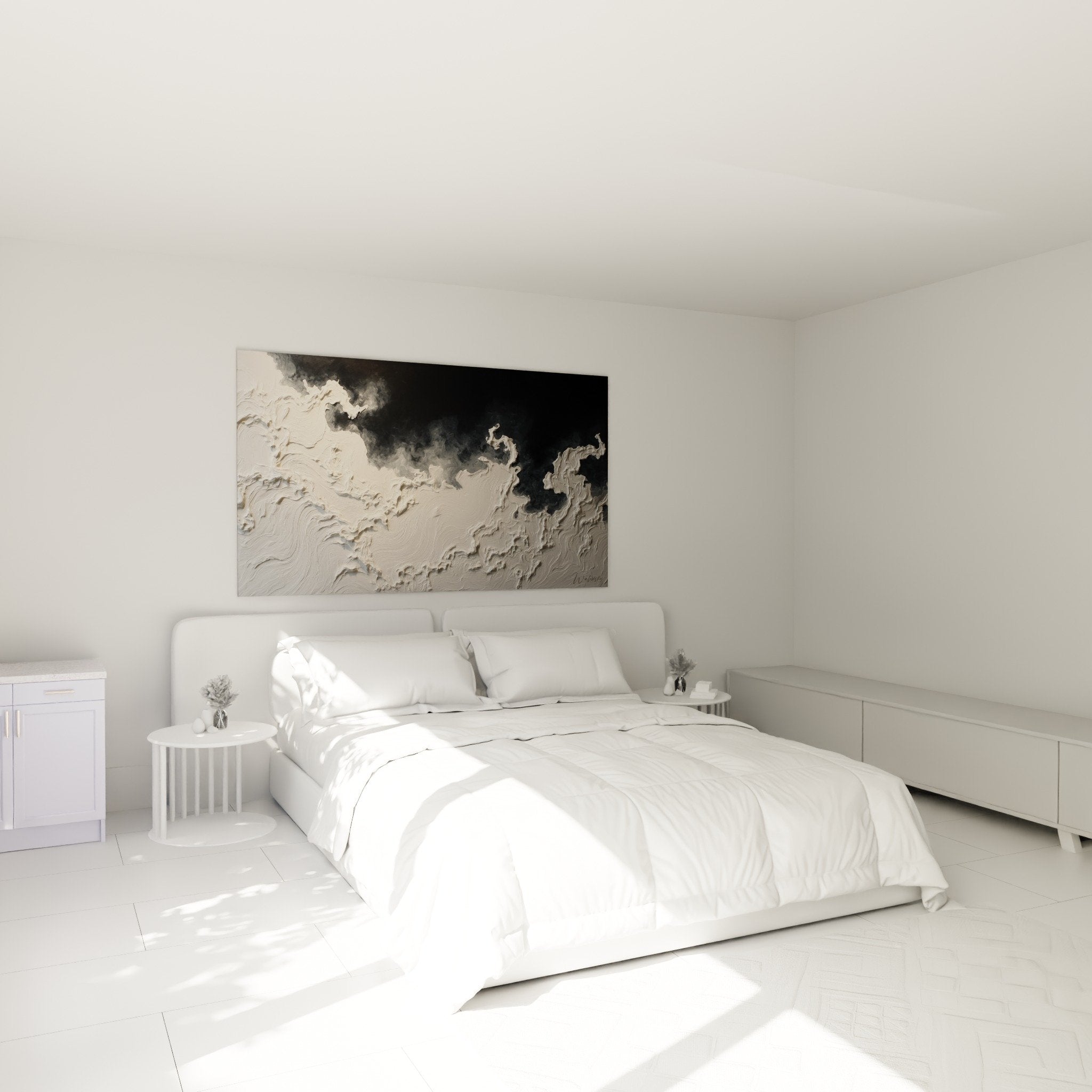 Decoration chambre tableau vagues abstraites blanc noir relief feng shui metal ambiance contemporaine