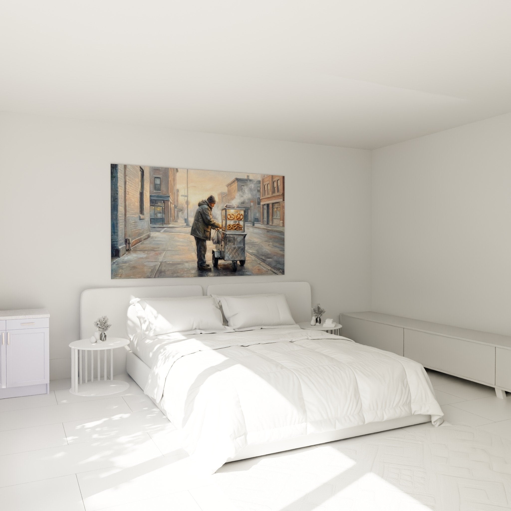 Décoration chambre tableau vendeur rue Manhattan tons chauds ocre gris ambiance cosy authentique
