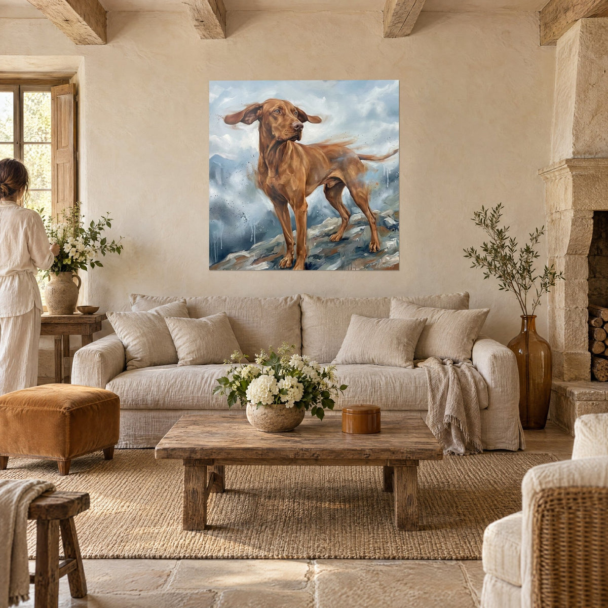 Schilderij kopervos vizsla met koperkleurige vacht op rotsen, mistige grijsblauwe lucht, boven een bank in een lichte woonkamer