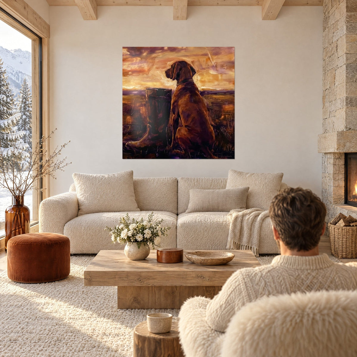 Tableau chien roux de dos face au couchant ambre et violet, barrière de bois, accroché au-dessus d'un canapé dans un salon lumineux