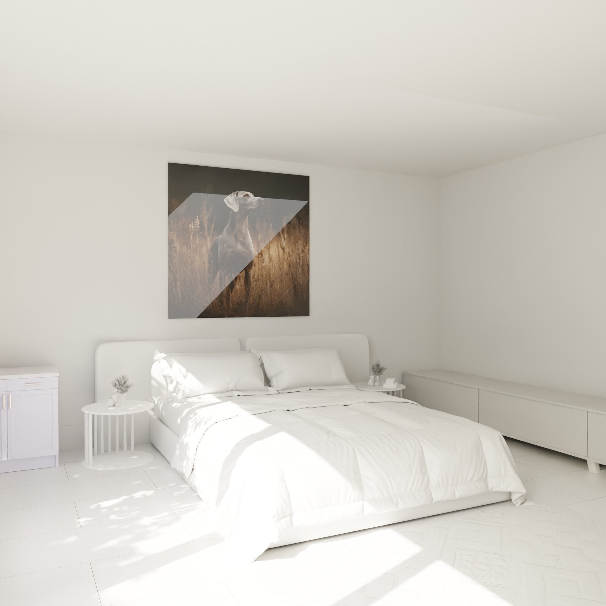 Tableau Weimaraner herbes dorées ambiance chambre décoration murale chien noble portrait