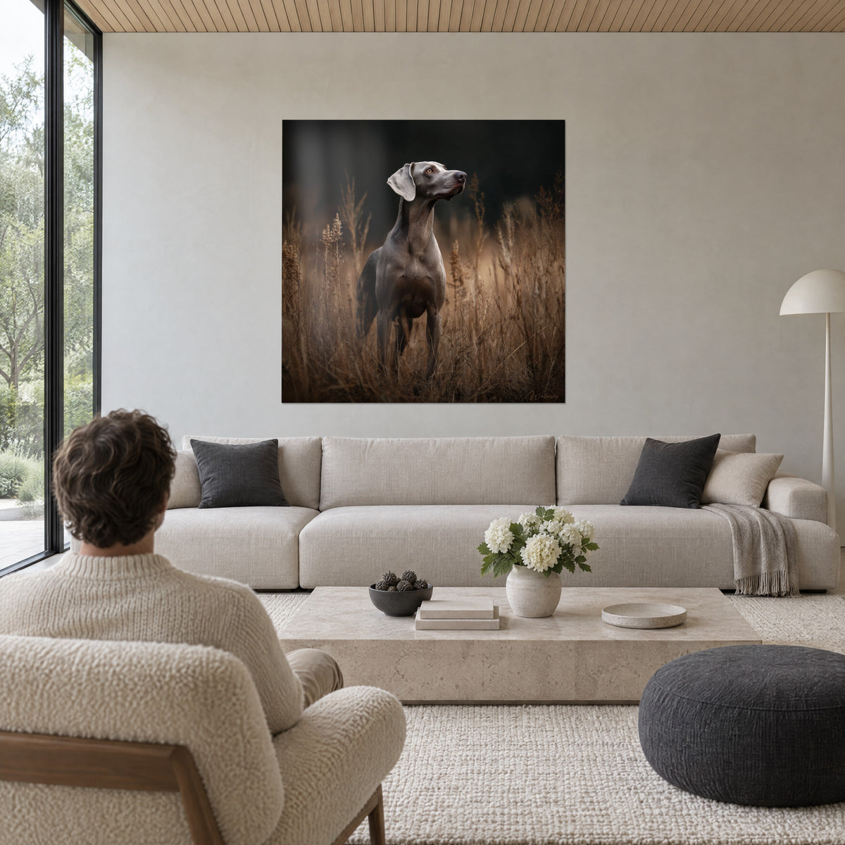 Gemälde silbergrauer Hund mit bernsteinfarbenen Augen, schwarzer Hintergrund und kupferfarbenes Gras, ein Mann von hinten über einem Sofa in einem hellen Wohnzimmer