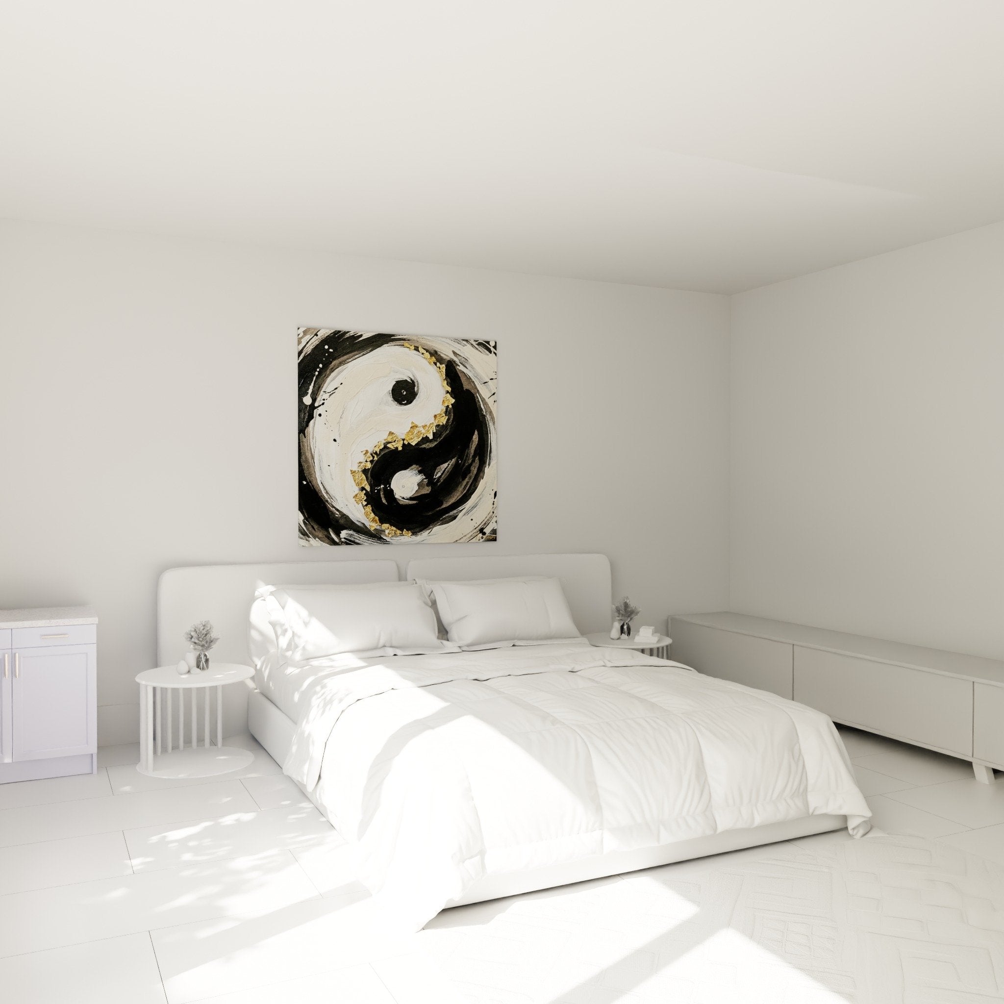 decoration murale yin yang chambre moderne spirale abstraite noir blanc or ambiance zen