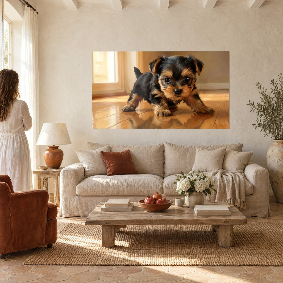 Wall art Yorkshire puppy in black and tan, bright gaze on gilded parquet floor, a woman seen from behind, above a sofa in a light-filled living room