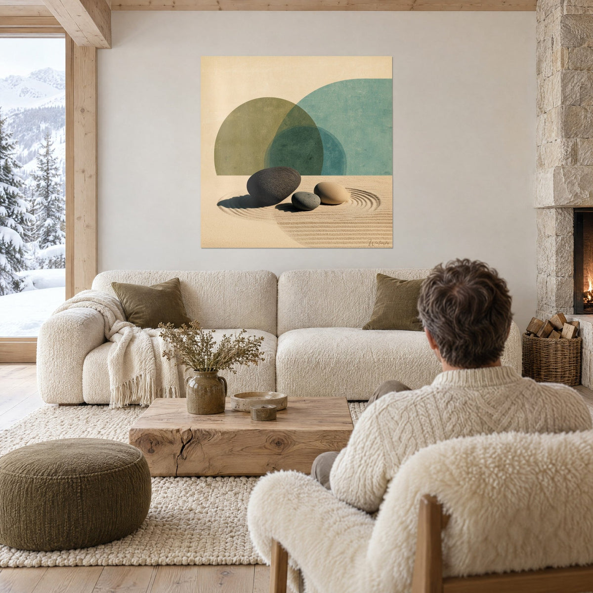 Tableau trois galets posés sur sable ratissé, demi-disques olive et turquoise, homme de dos au-dessus d'un canapé dans un salon lumineux