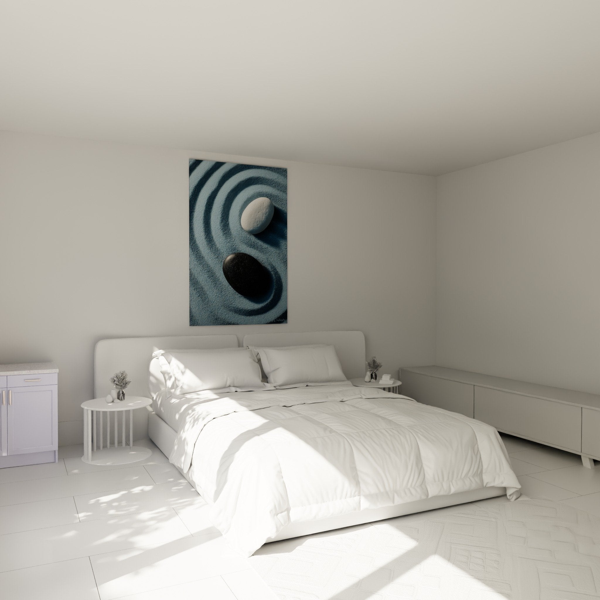 Zen meditation wall art yin yang stones in modern bedroom decor sand blue gray