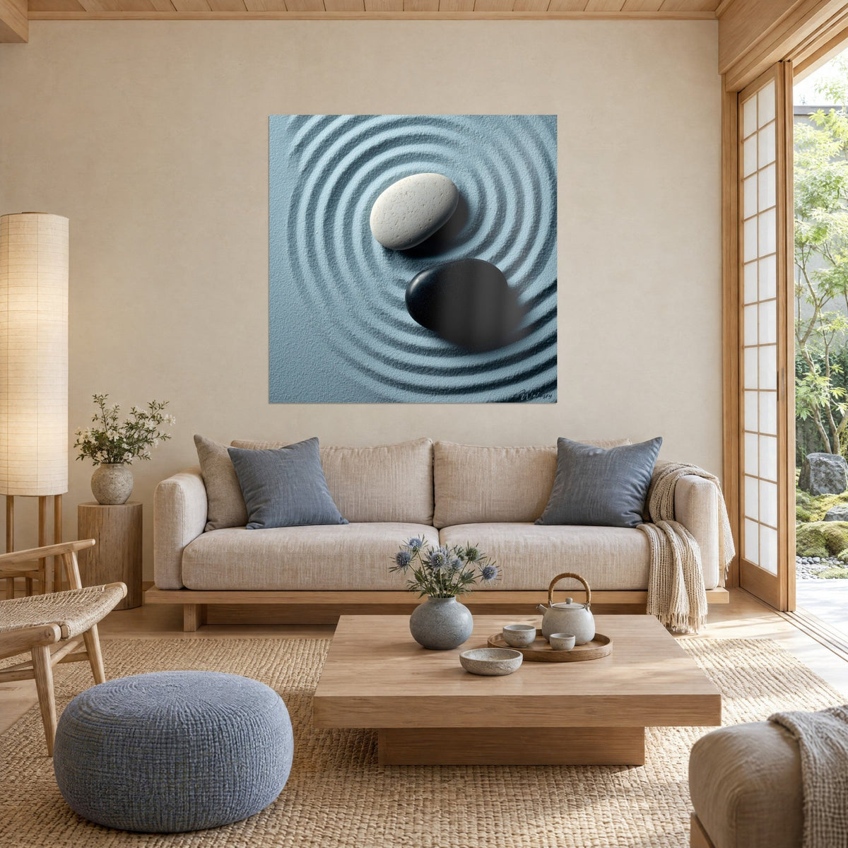 Tableau galet crème piqueté et pierre noire polie dans des ondes de sable bleu-gris, au-dessus d'un canapé dans un salon lumineux