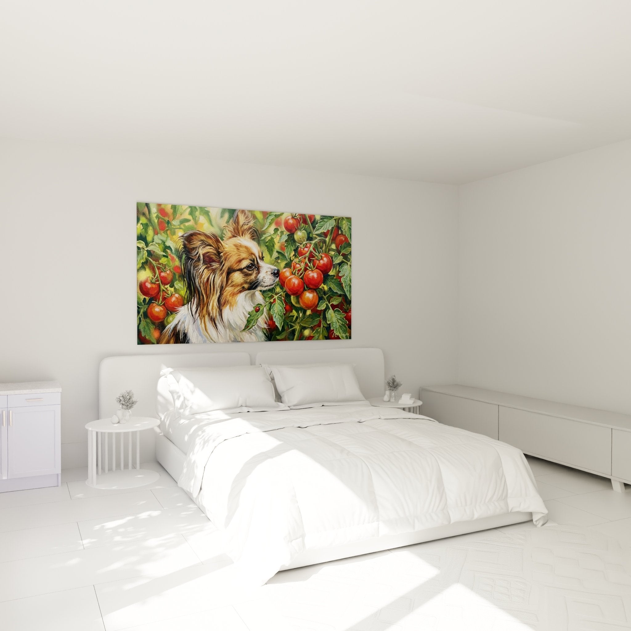 Décoration murale chien papillon tomates cerises ambiance chambre chaleureuse art canin nature