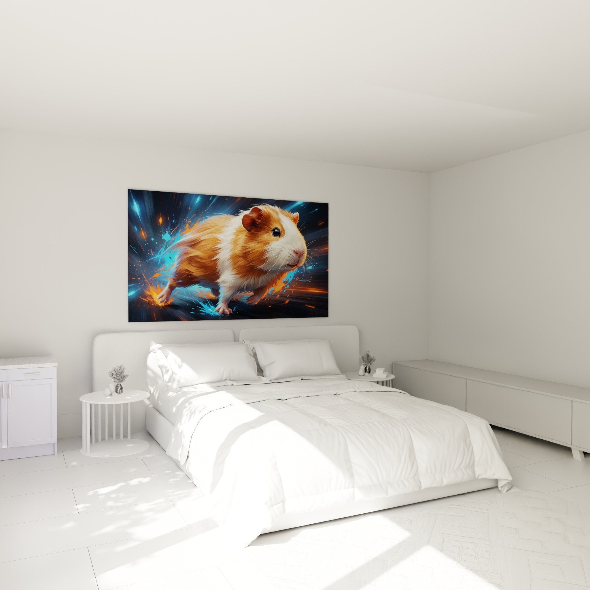 Wanddekoration futuristisches Meerschweinchen mit blauen und orangen Lichteffekten in modernem Schlafzimmer