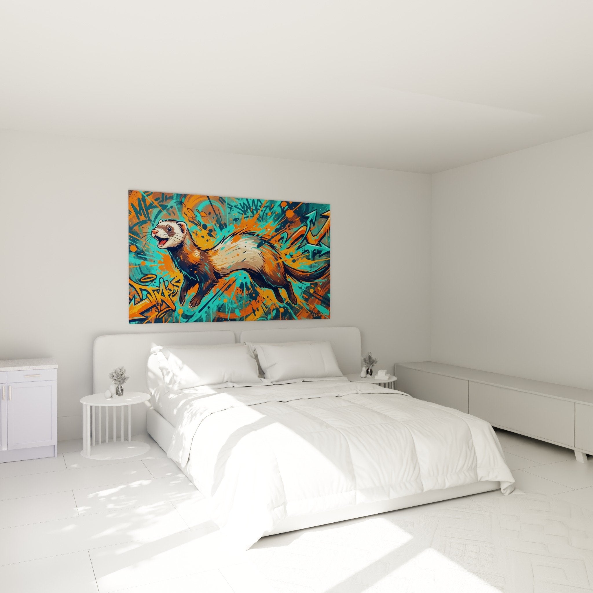 Decoration murale furet artistique chambre moderne couleurs vives turquoise orange art contemporain