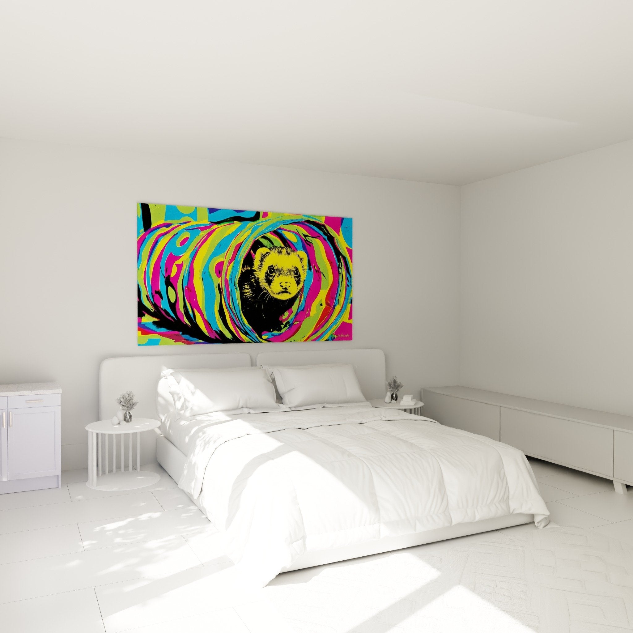 Decoration murale furet spirales colorees dans chambre moderne ambiance pop art contemporain