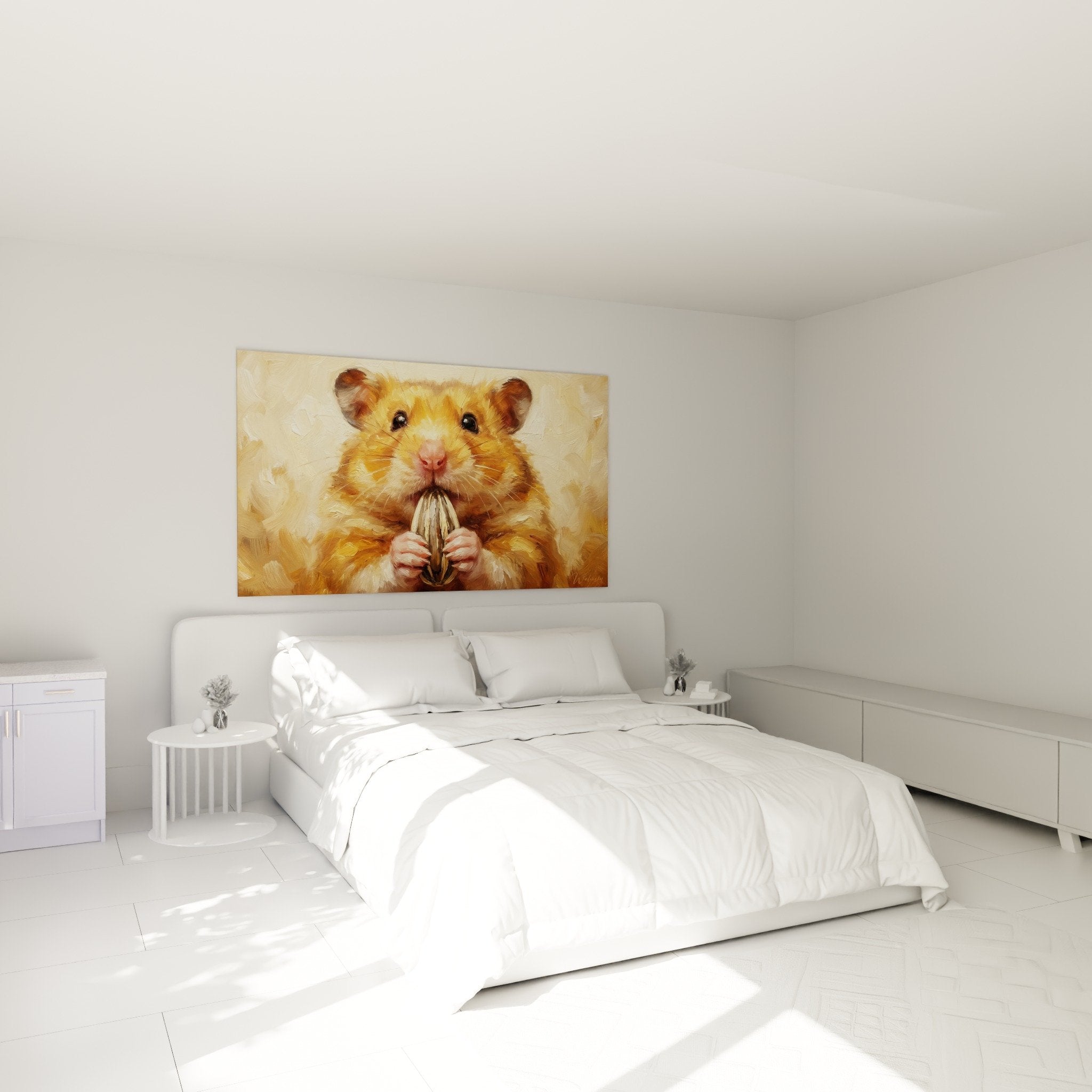 Wanddekoration gefräßiger Hamster Kinderzimmer warme Atmosphäre goldene orange beige Töne Tierbild Kinderzimmer