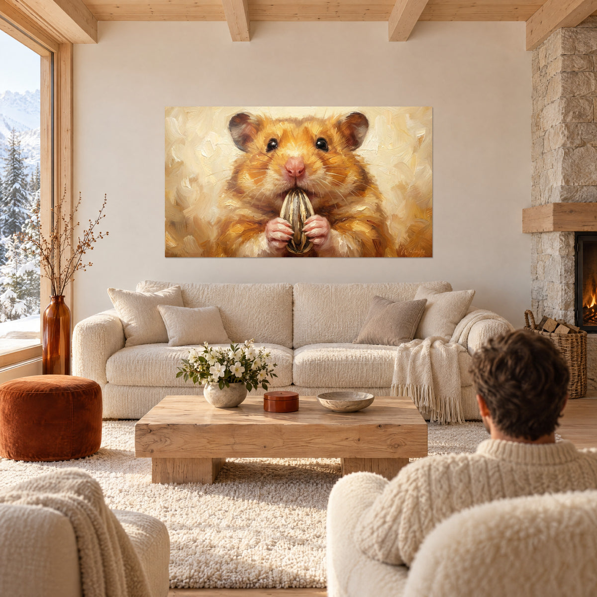 Tableau hamster doré grignotant une graine de tournesol, pelage orangé et fond crème, au-dessus d'un canapé dans un salon lumineux