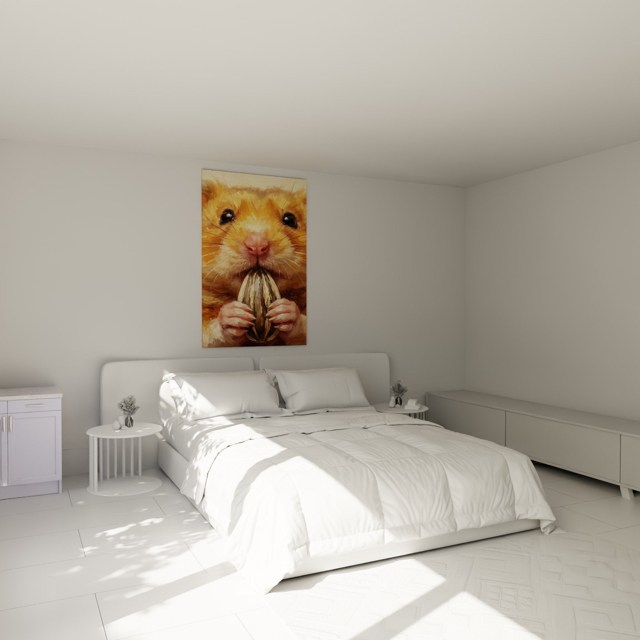 Wanddekoration goldener Hamster Schlafzimmer sanfte Atmosphäre warme Töne Tiertableau