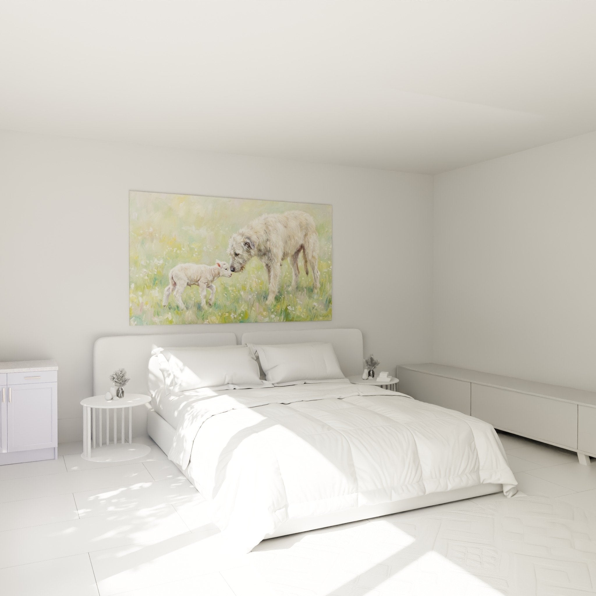 Wanddekoration Irish Wolfhound und Lamm in modernem Schlafzimmer mit beigen Wänden