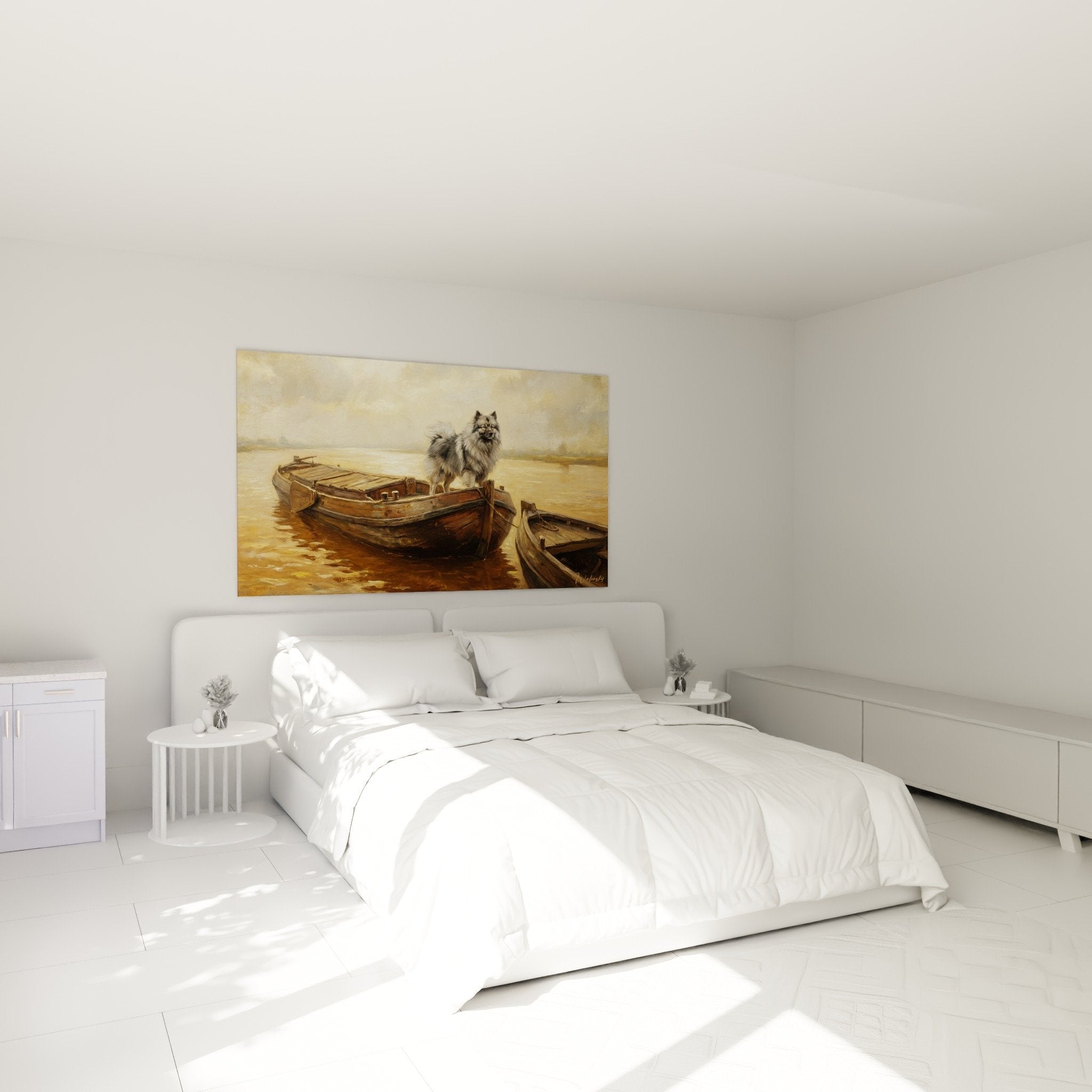 Decoration murale Keeshond barque port de peche dans chambre ambiance chaleureuse tons ocre dores