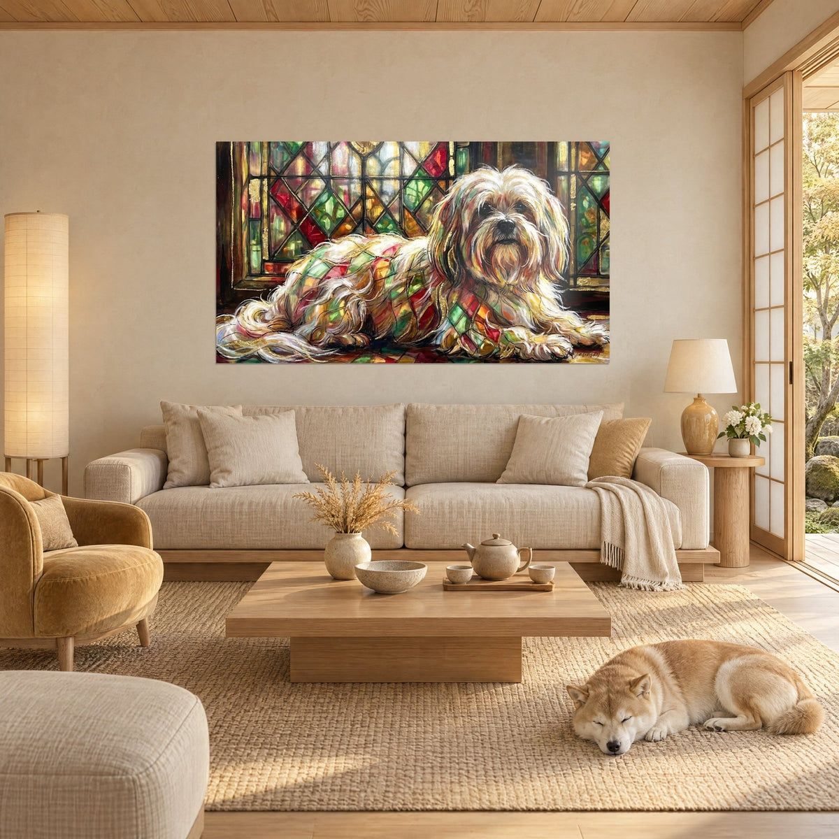 Tableau Lhassa Apso à longs poils blancs et ambre devant des vitraux rouges et verts, au-dessus d'un canapé dans un salon lumineux