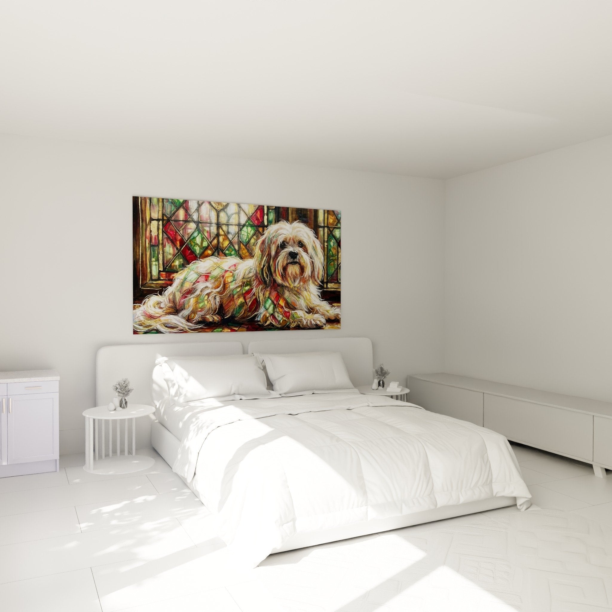 Decoration murale lhassa apso vitraux chambre ambiance chaleureuse tons dores reflets colores art lumineux