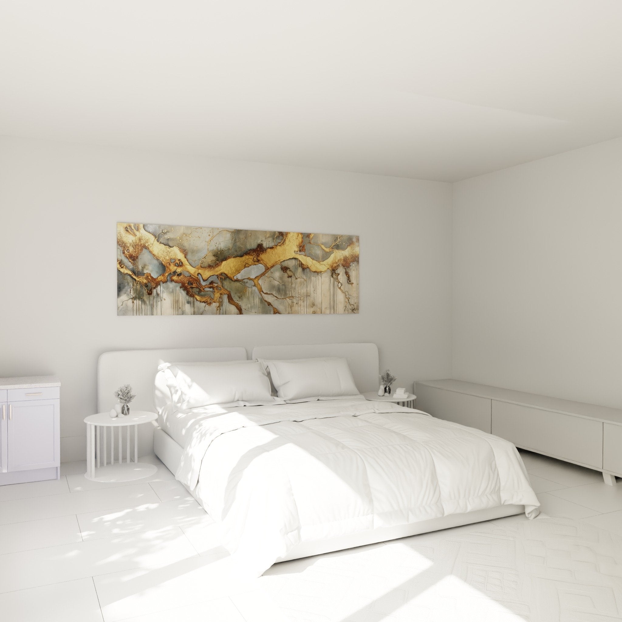Decoration murale abstraite doree et bleue dans chambre moderne feng shui nord-est terre
