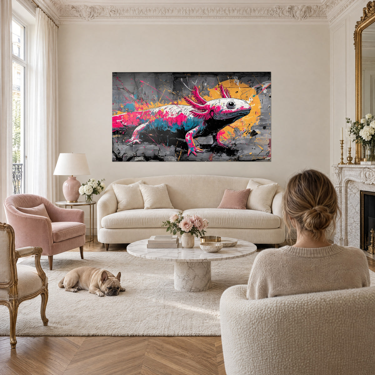 Quadro salamandra axolotl rosa fucsia con branchie erette, schizzi turchesi su parete grigia, sopra un divano in un soggiorno luminoso