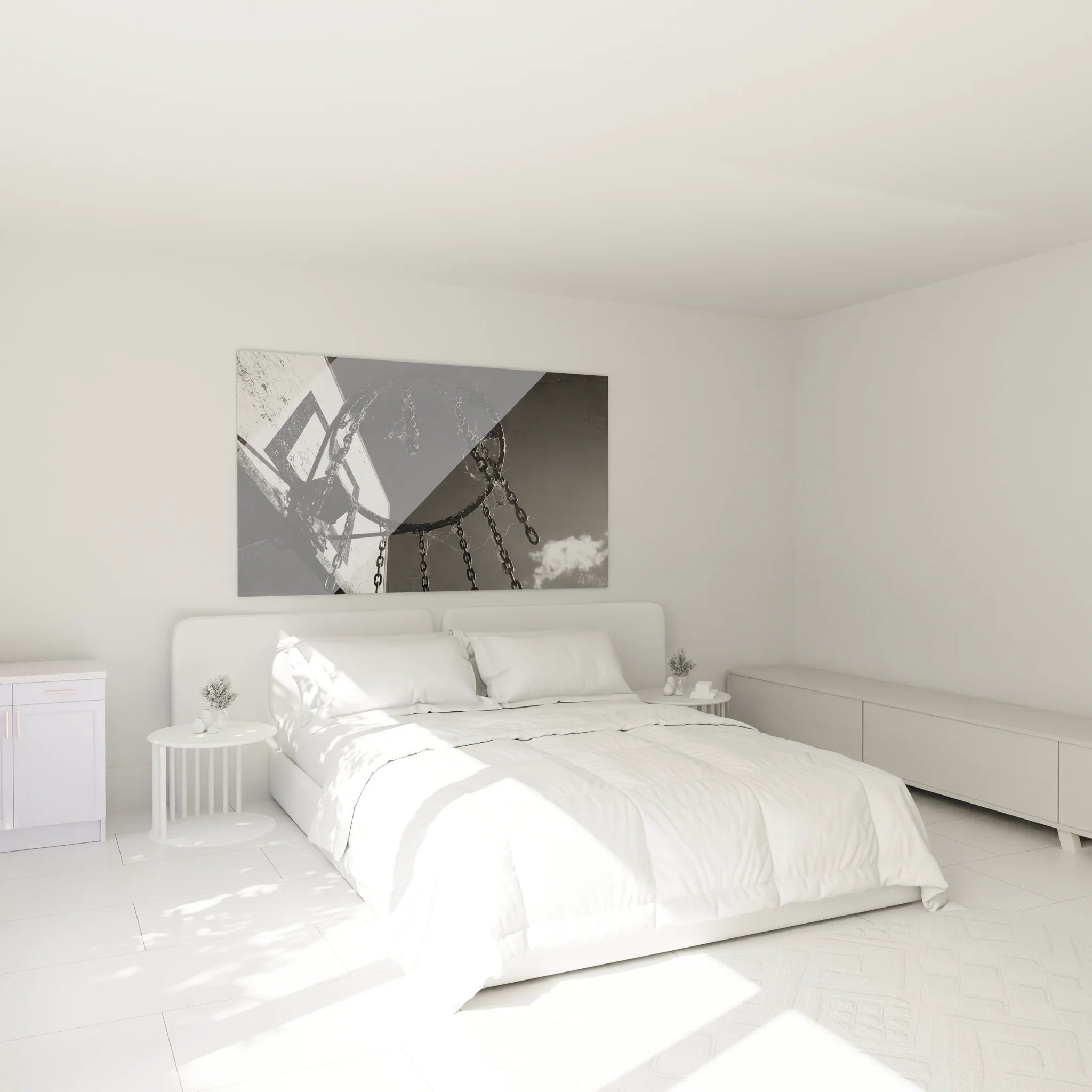 Décoration murale basketball noir blanc dans chambre moderne, panier de rue artistique ambiance sportive