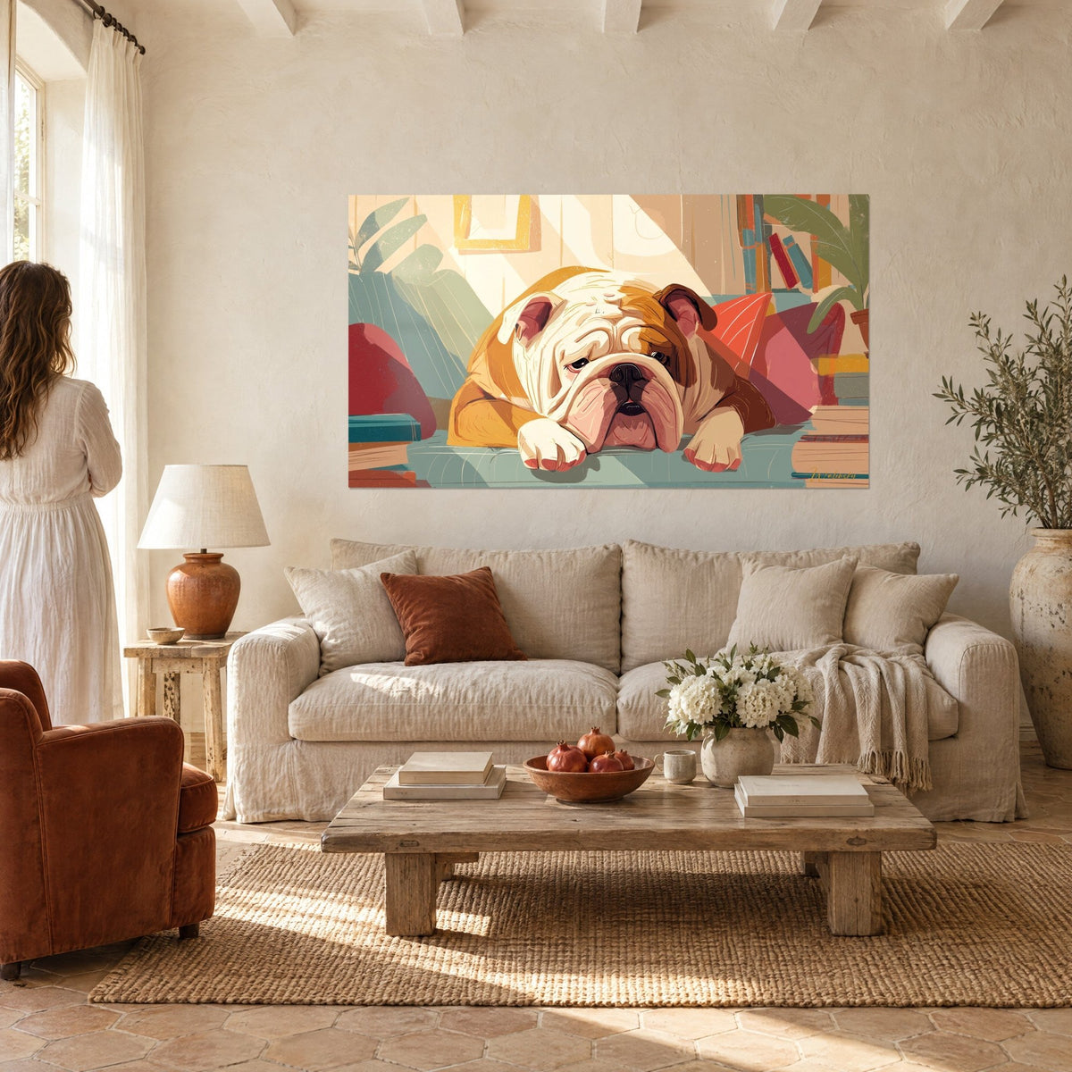 Πίνακας ενός κοιμισμένου English Bulldog, τρίχωμα ωχρό και κρεμ, κοραλλί μαξιλάρι, δύο άνθρωποι από πίσω πάνω από έναν καναπέ σε ένα φωτεινό σαλόνι