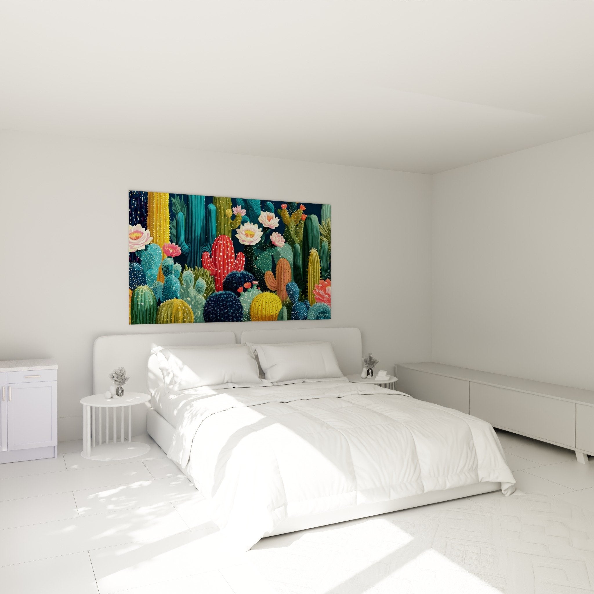 Décoration murale cactus fleuris multicolores dans chambre moderne style cubisme