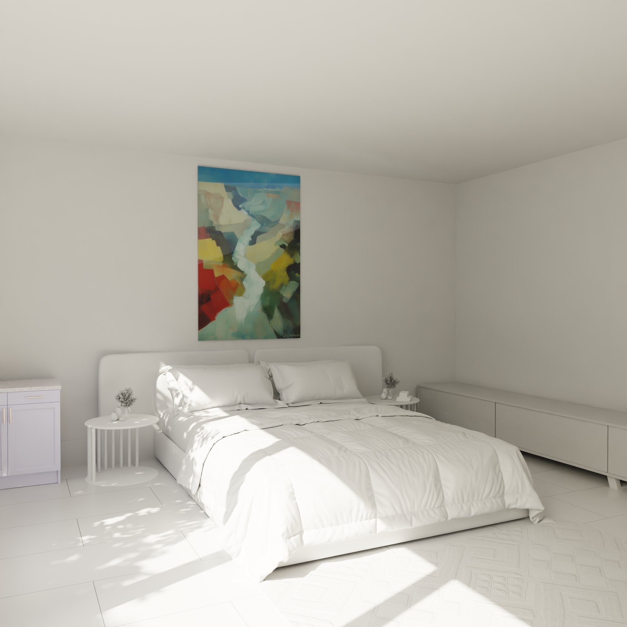 Décoration murale canyon abstrait dans chambre moderne avec éclairage tamisé ambiance naturelle
