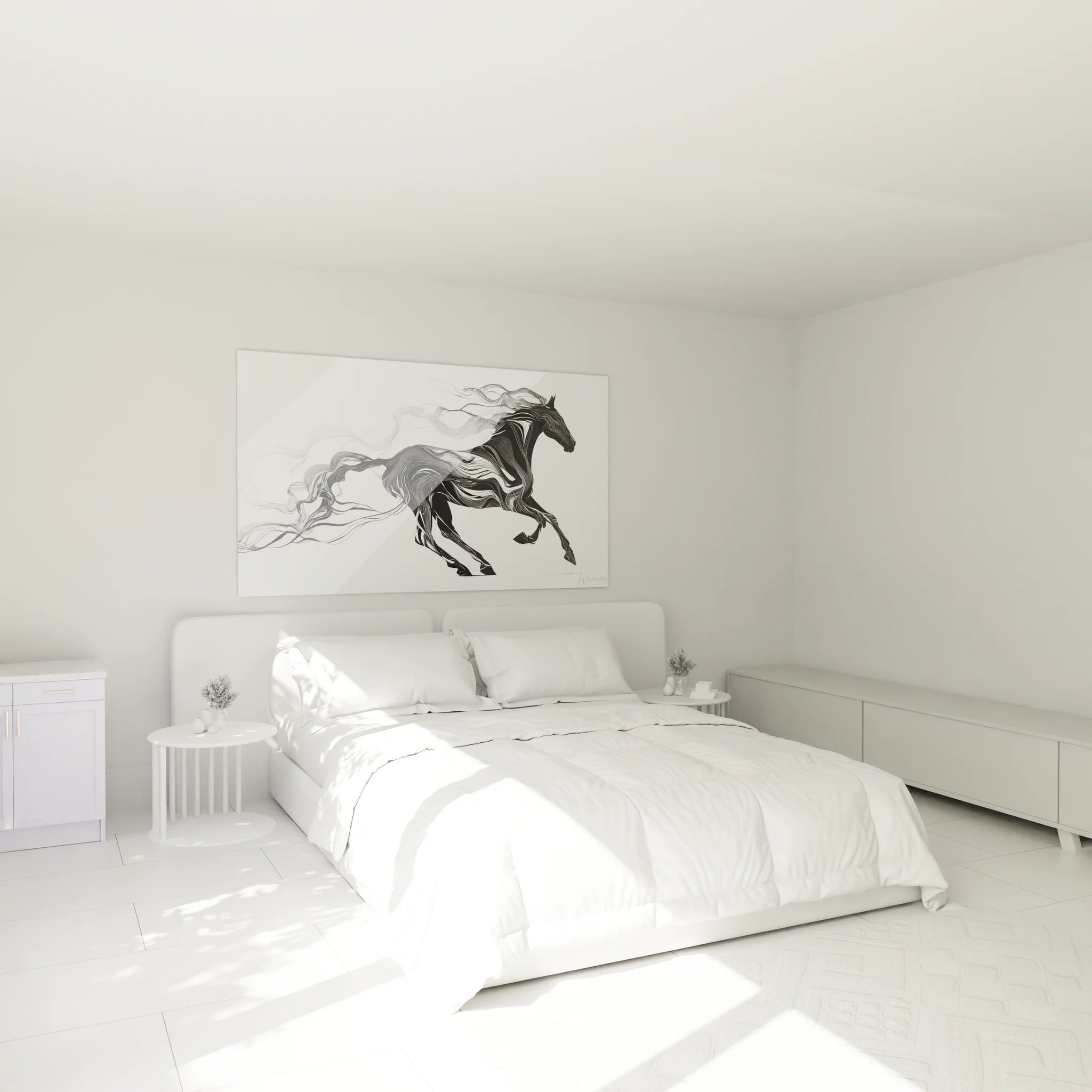 Décoration murale cheval noir et blanc dans chambre moderne, ambiance élégante et artistique