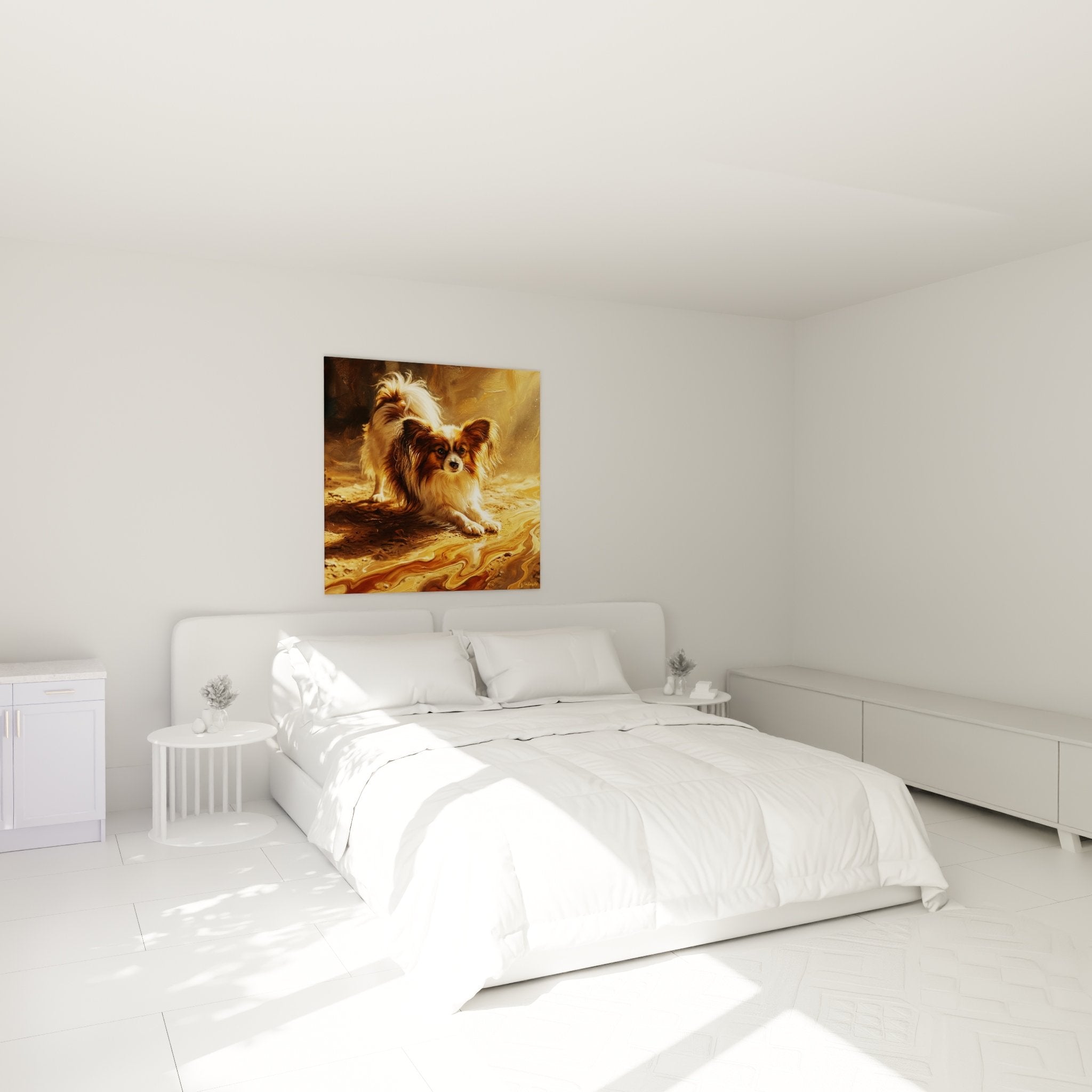 Décoration murale chien papillon ambiance dorée chambre cocooning tableau animalier