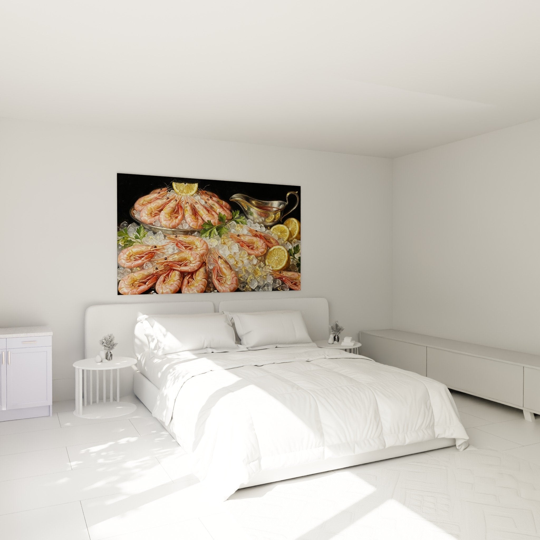 Wanddekoration mit Meeresshrimps im modernen Schlafzimmer mit Bett und zeitgenössischen Möbeln