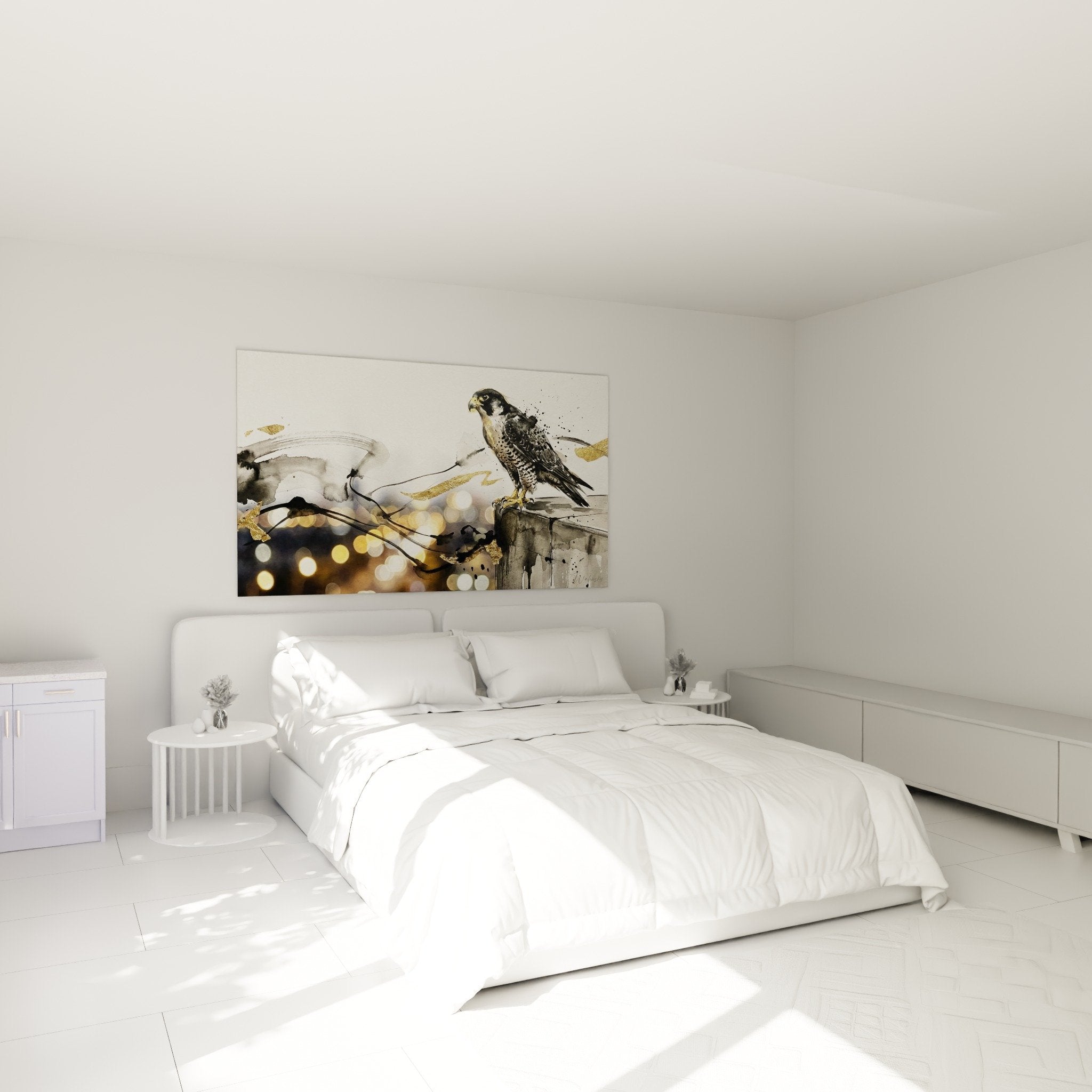 Wanddekoration Falke modernes Schlafzimmer Aquarellbild grau gold raffinierte Atmosphäre