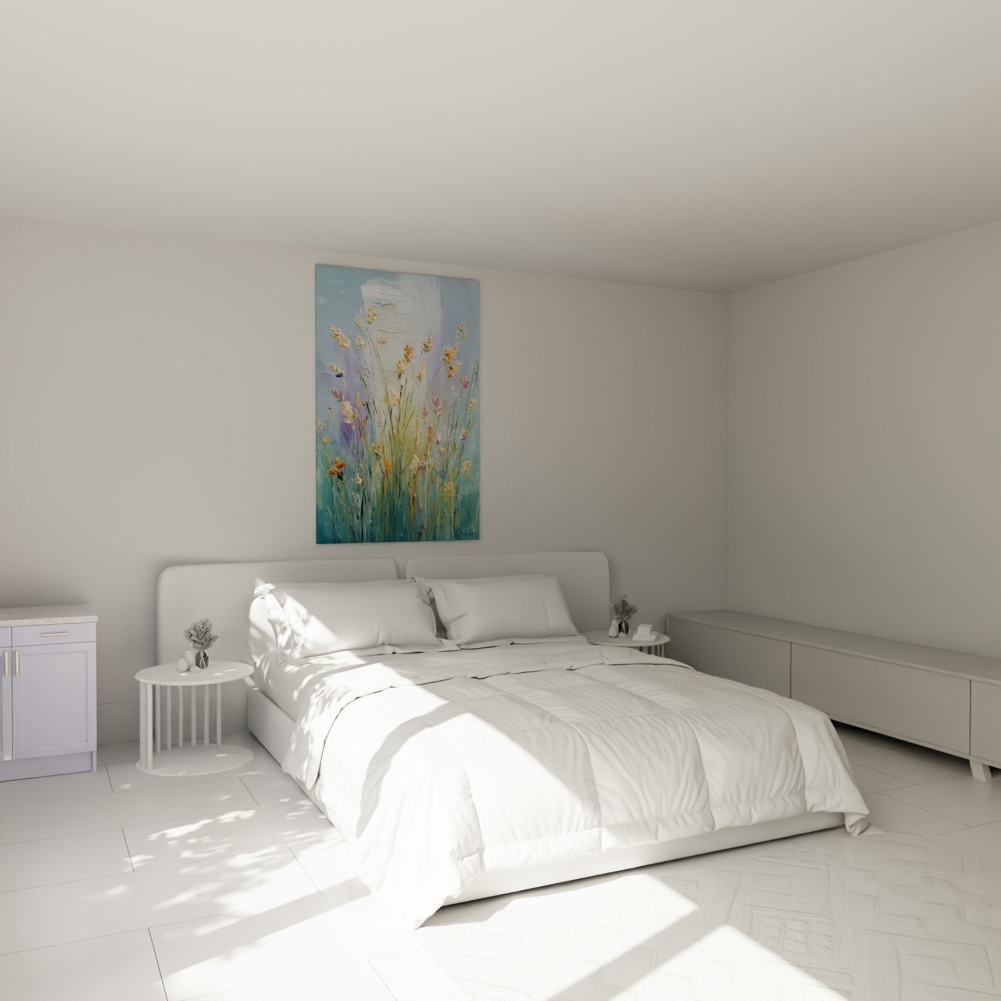 Golden grasses wall decor in modern bedroom, pastel blue nature artwork above bed