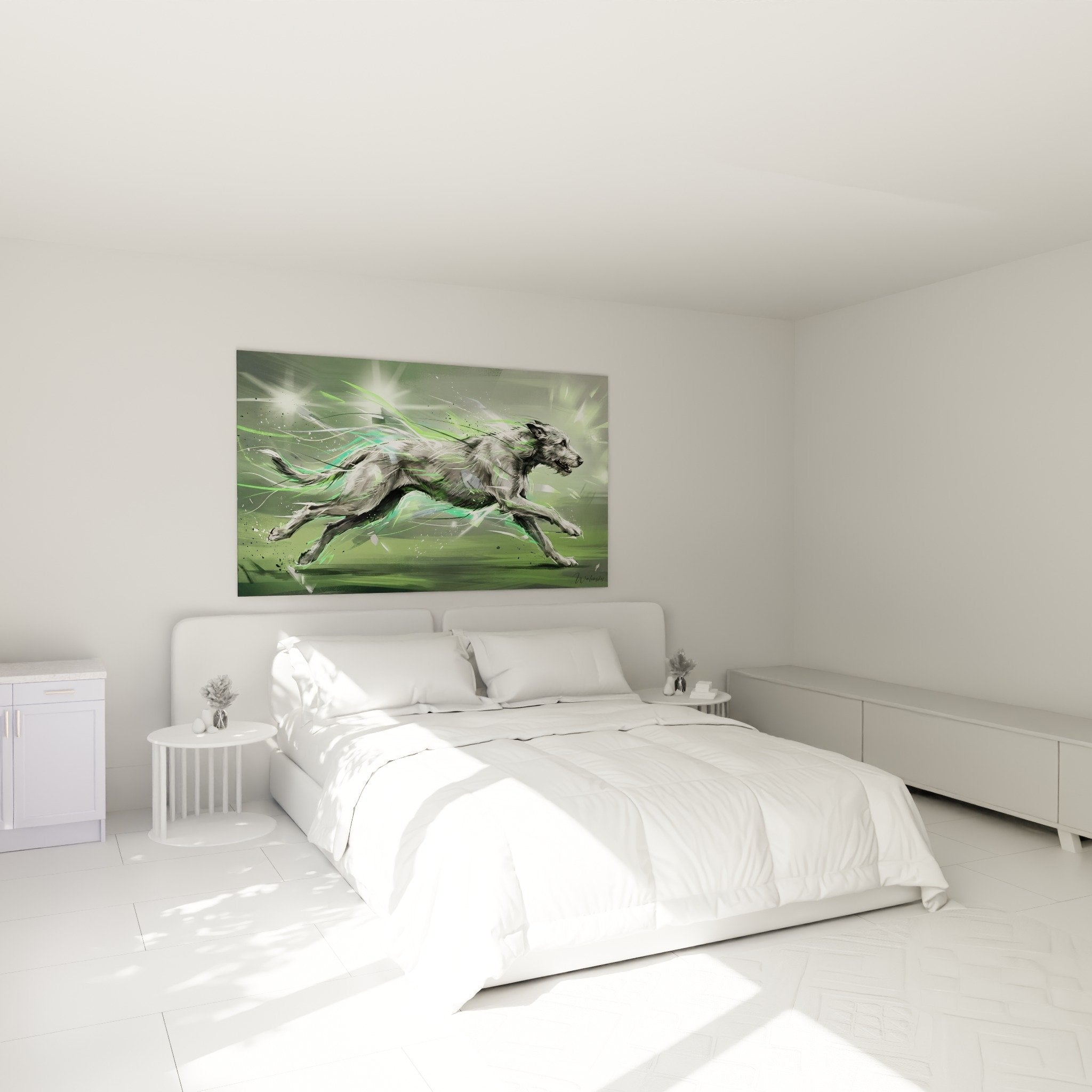 Décoration murale Irish Wolfhound dynamique avec énergies vertes dans chambre moderne épurée