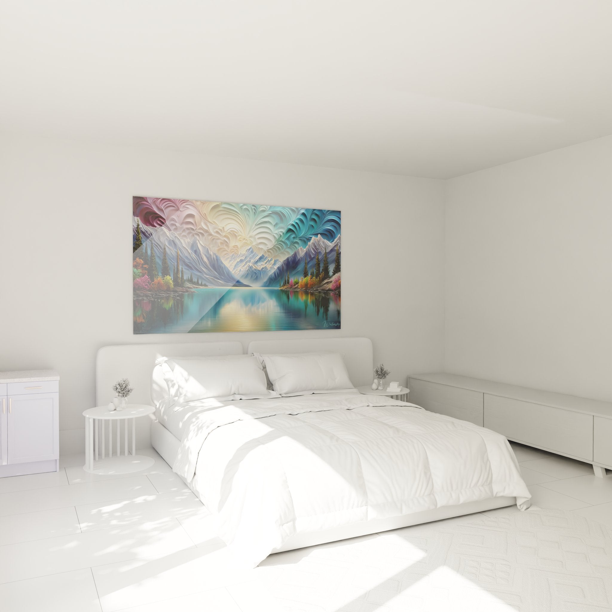 Décoration murale lac montagne dans chambre moderne avec ambiance zen et apaisante