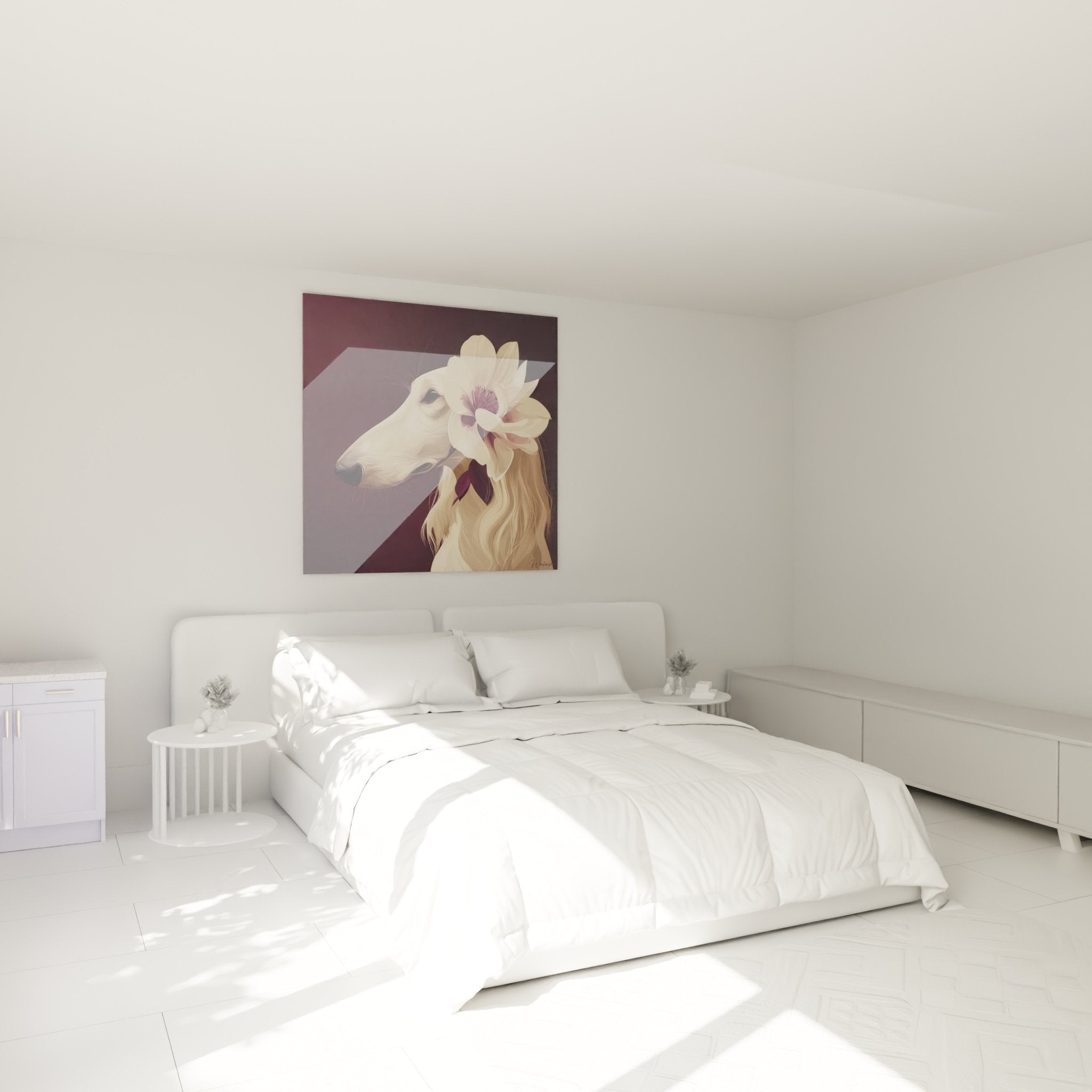 Décoration murale lévrier afghan magnolia dans chambre moderne, ambiance romantique tons chauds bordeaux crème