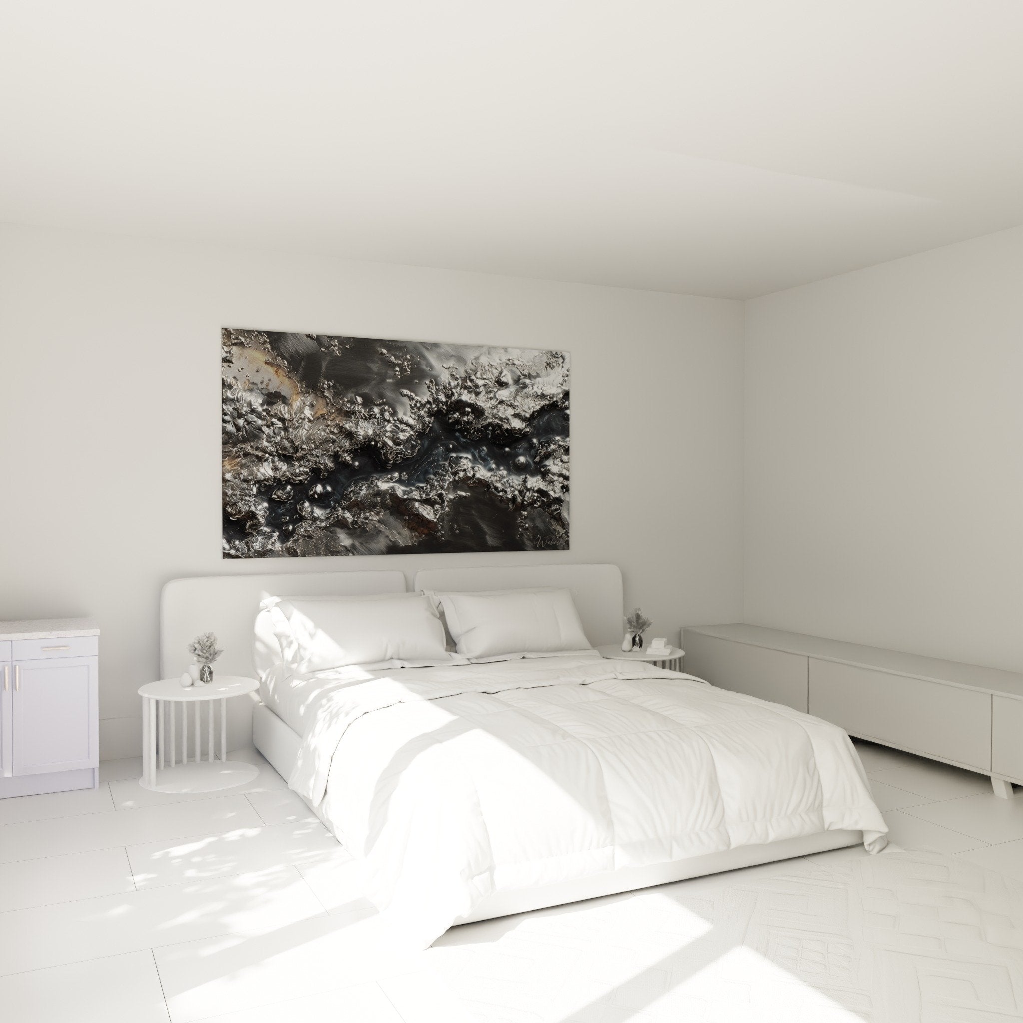 Décoration murale métal argenté ambiance chambre moderne industrielle feng shui