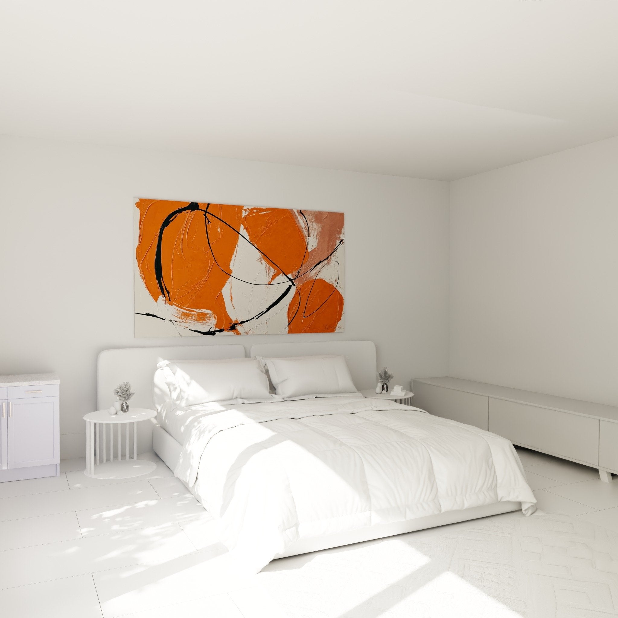Abstrakte orangefarbene Wanddekoration im modernen Schlafzimmer, warme Feng-Shui-Südfeuer-Atmosphäre