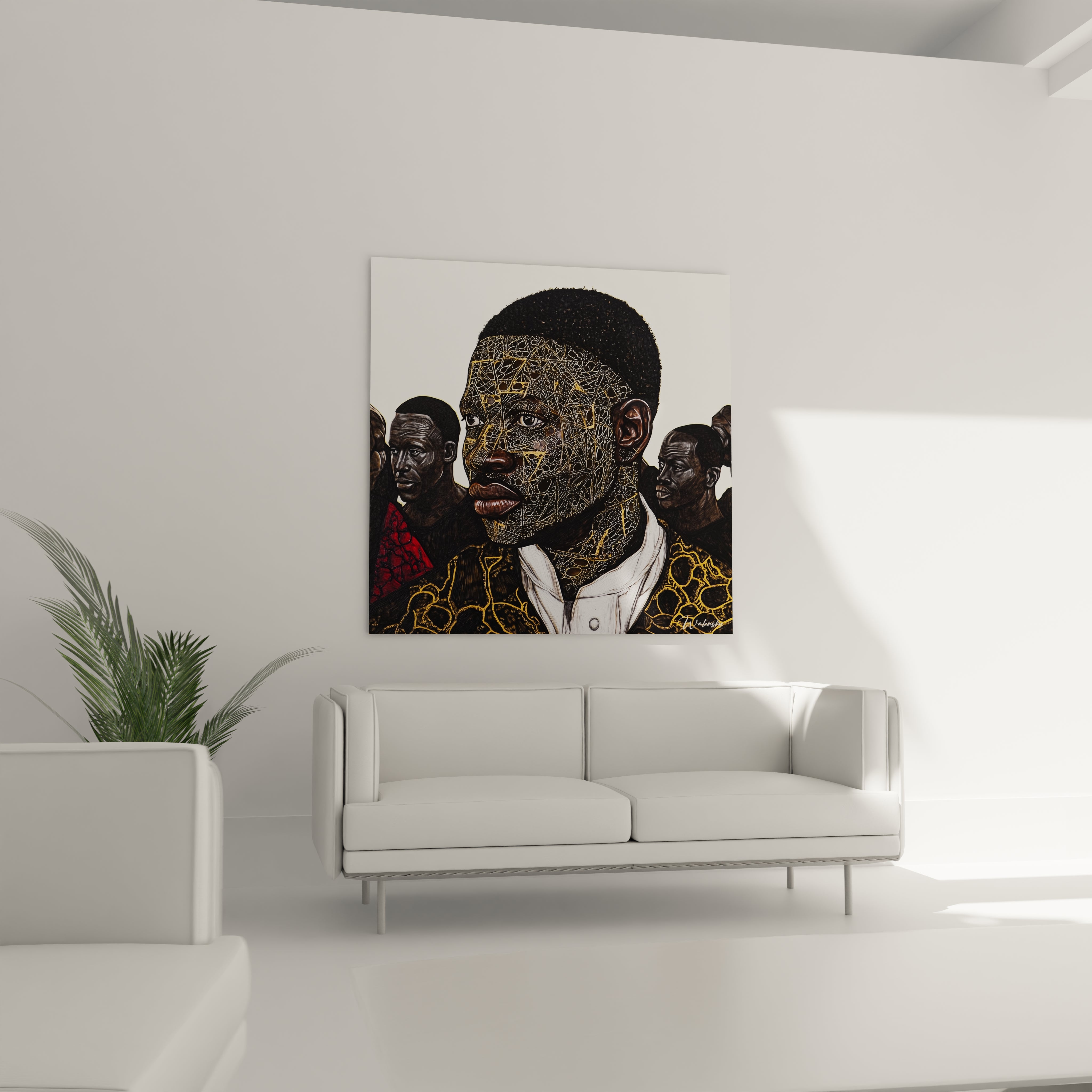 Tableau africain mural Walensky représentant un portrait d'homme avec motifs dorés accroché dans un salon moderne