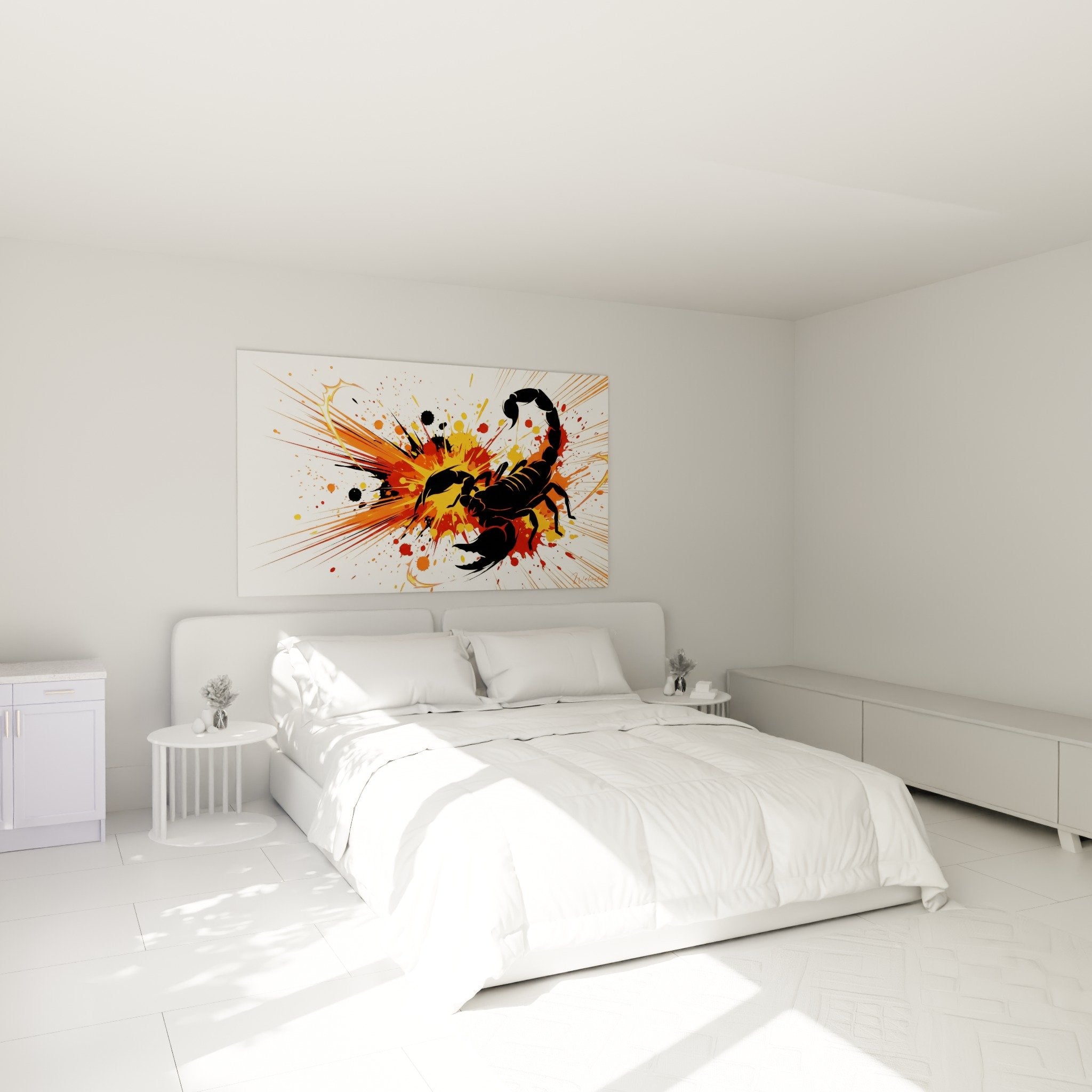 Wanddekoration Skorpion Farbexplosion in warmen Tönen in modernem Schlafzimmer mit weißen Wänden und zeitgenössischen Möbeln