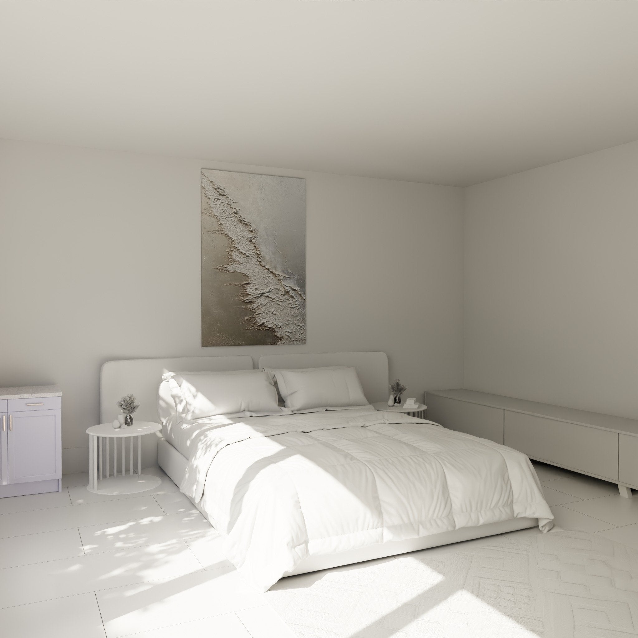 Décoration murale texturée blanche dans chambre moderne style feng shui métal