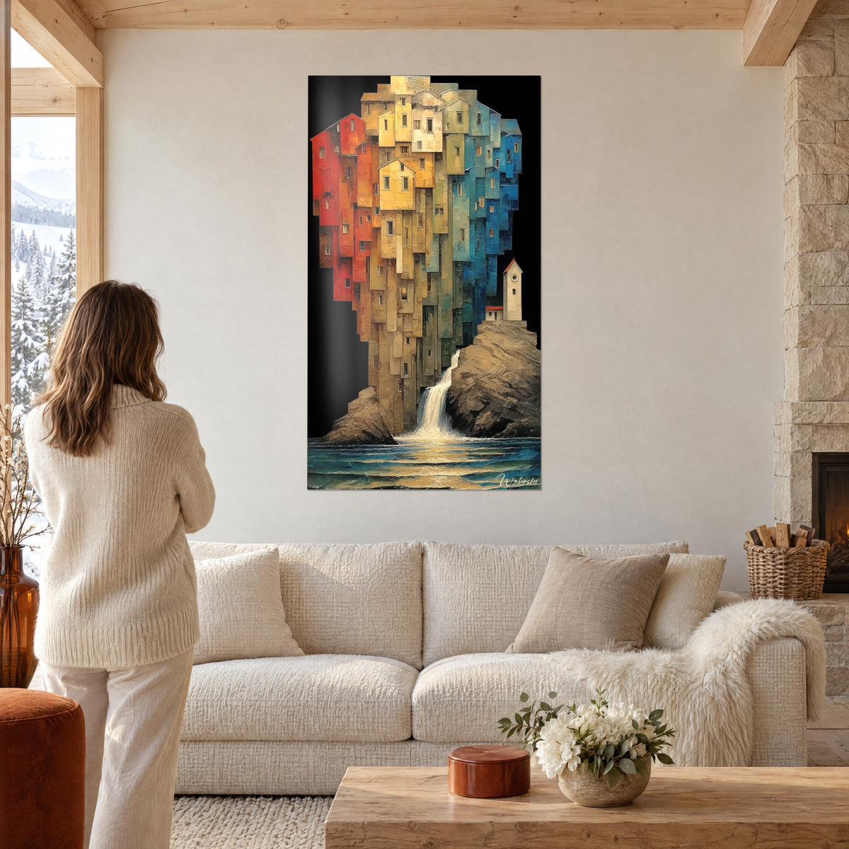 Schilderij dorp van huizen in een trap van rode, oker- en blauwe gevels, witte vuurtoren op een rots, boven een bank in een lichte woonkamer